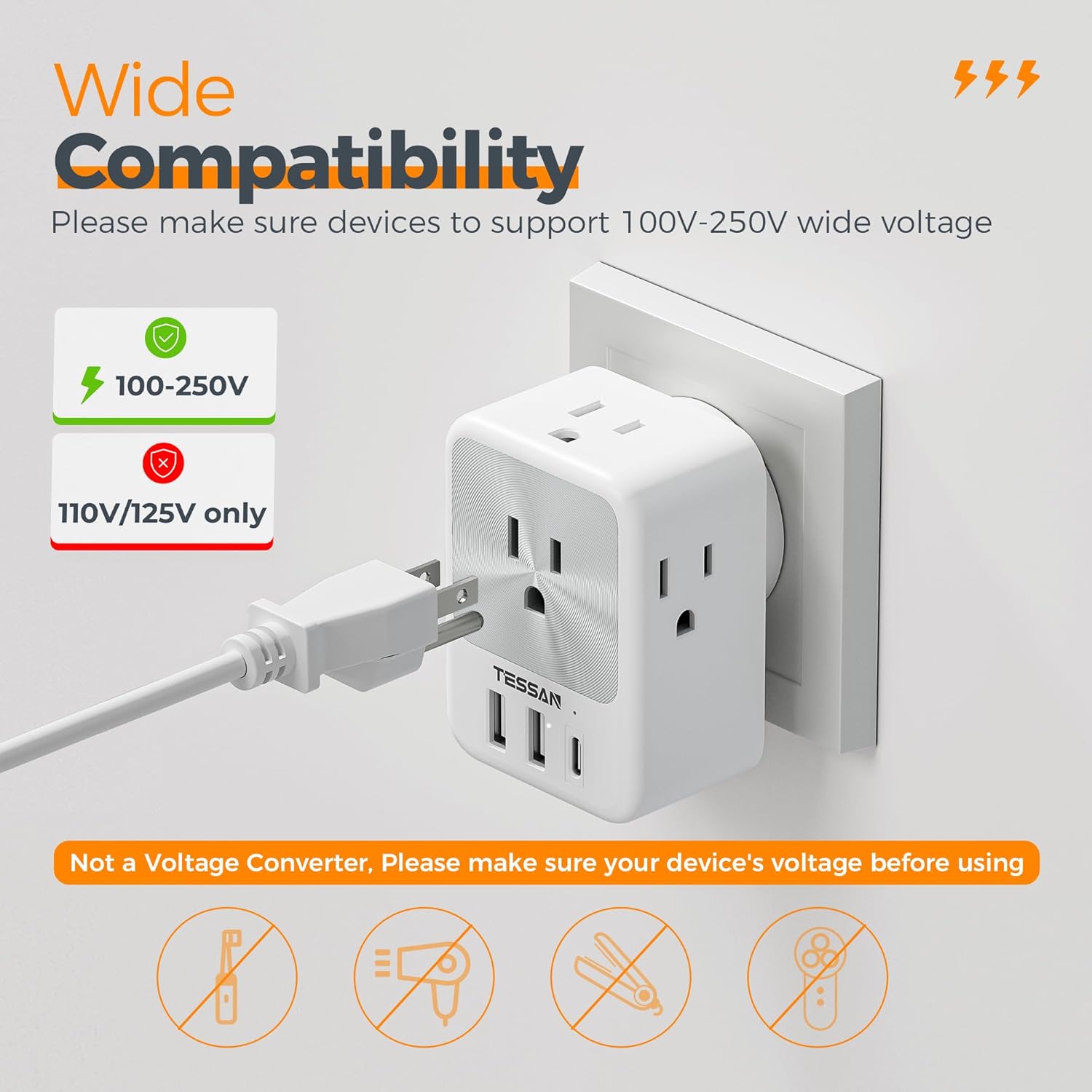 TESSAN South Africa Power Adapter with 4 AC Outlets 3 USB Ports