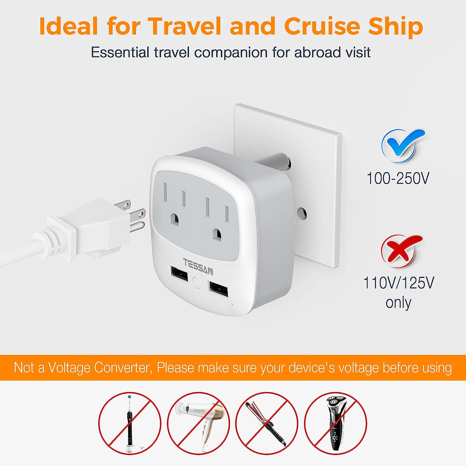 TESSAN South Africa Power Adapter with 2 USB Charger 2 AC Outlets Converter