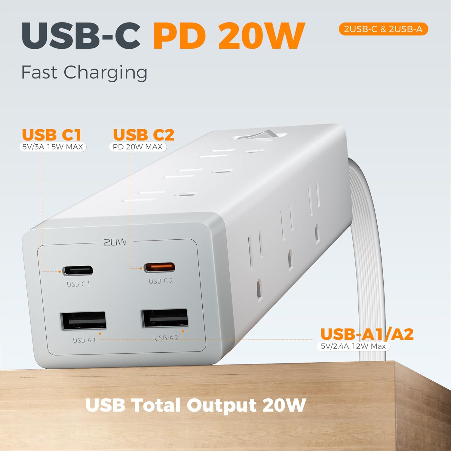 TESSAN 10 FT Surge Protector PD 20W PS09