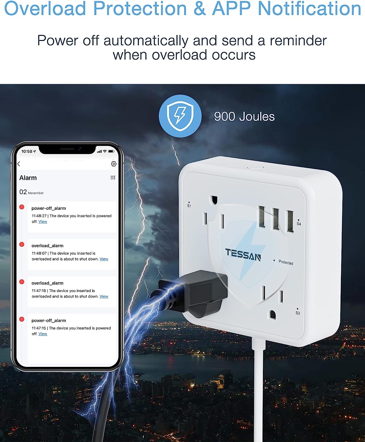 TESSAN WiFi Extension Cord with 3 Individually Remote Controlled Outlets 3 USB Ports