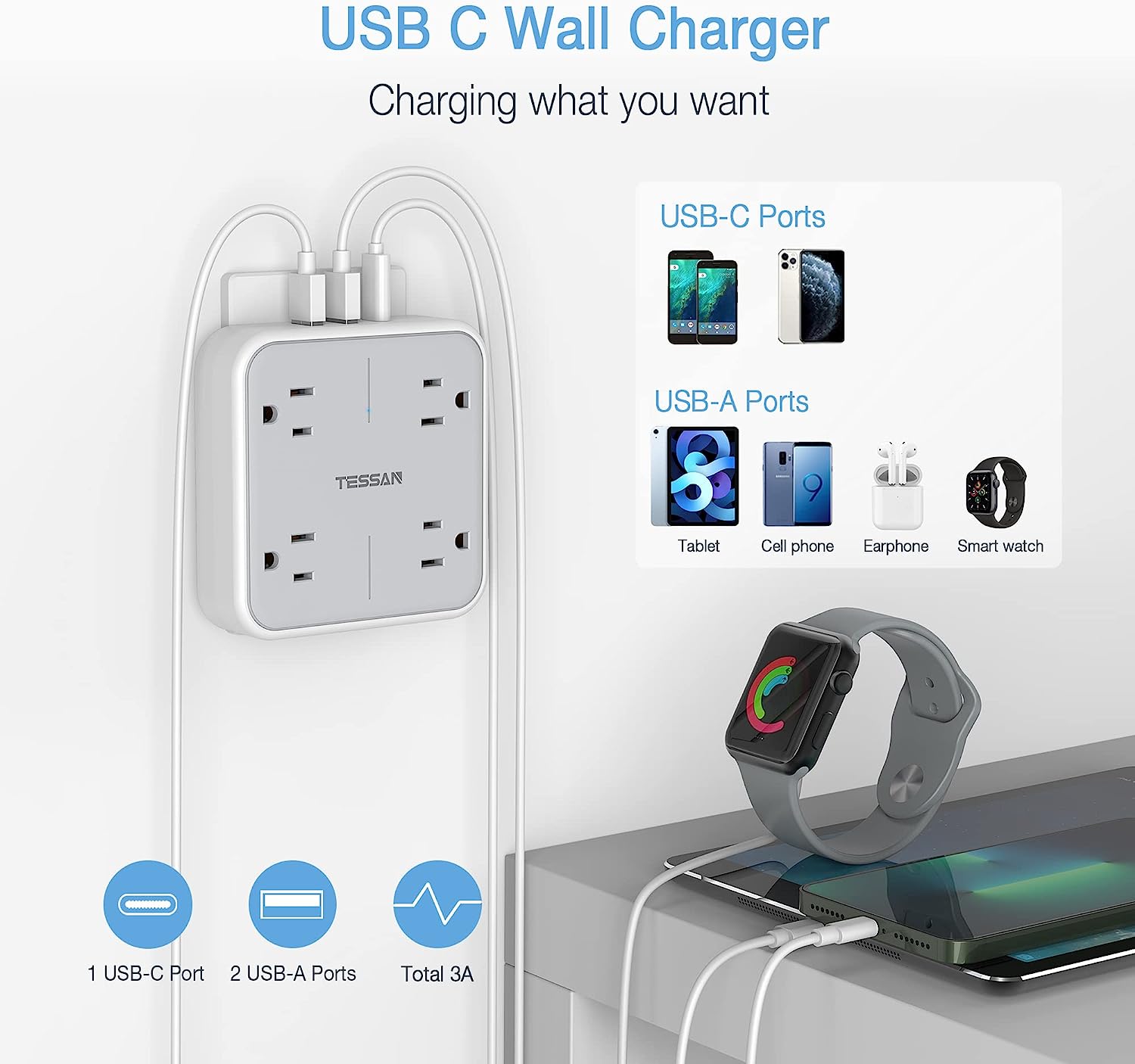 TESSAN Multi Plug USB Wall Charger with 4AC & 3 USB (1 USB C Port)