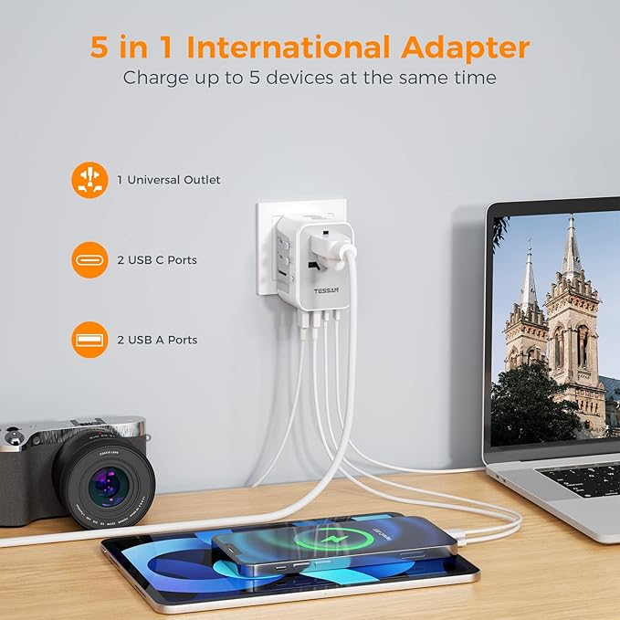 TESSAN Universal Travel Adapter 5 USB Ports - Gray