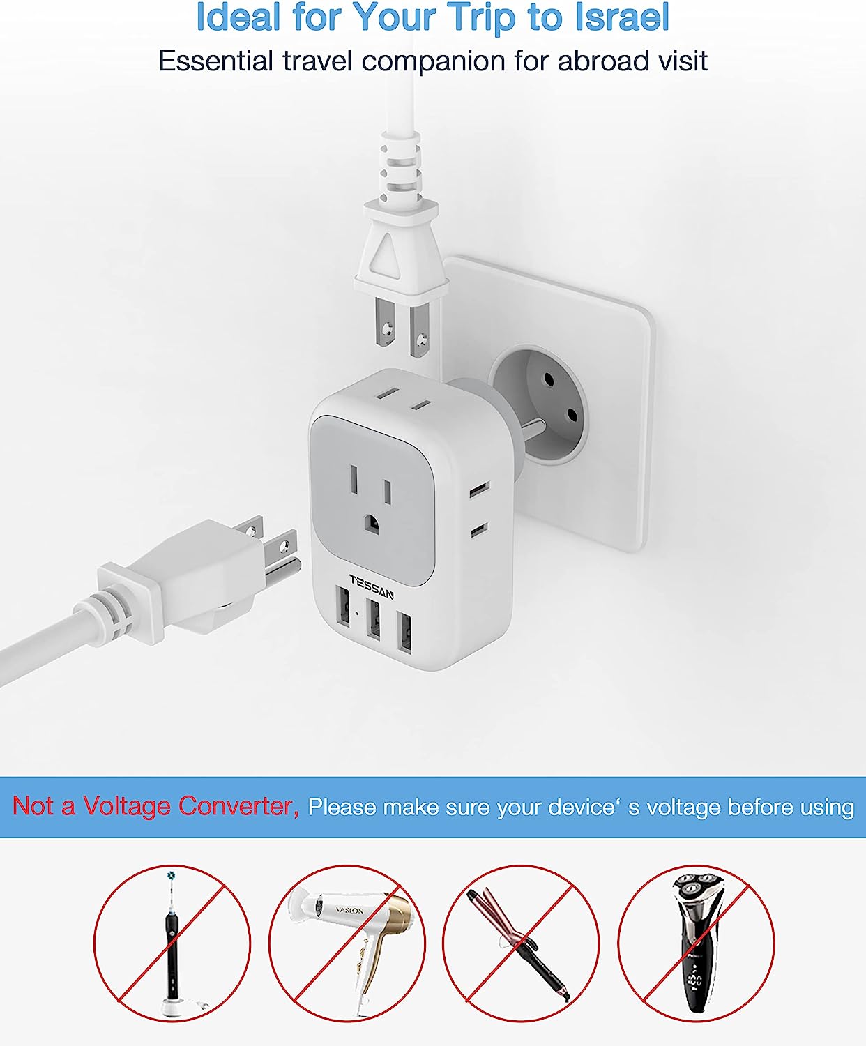 TESSAN US to Israel Travel Adaptor with 4 Outlets 3 USB Charging Ports
