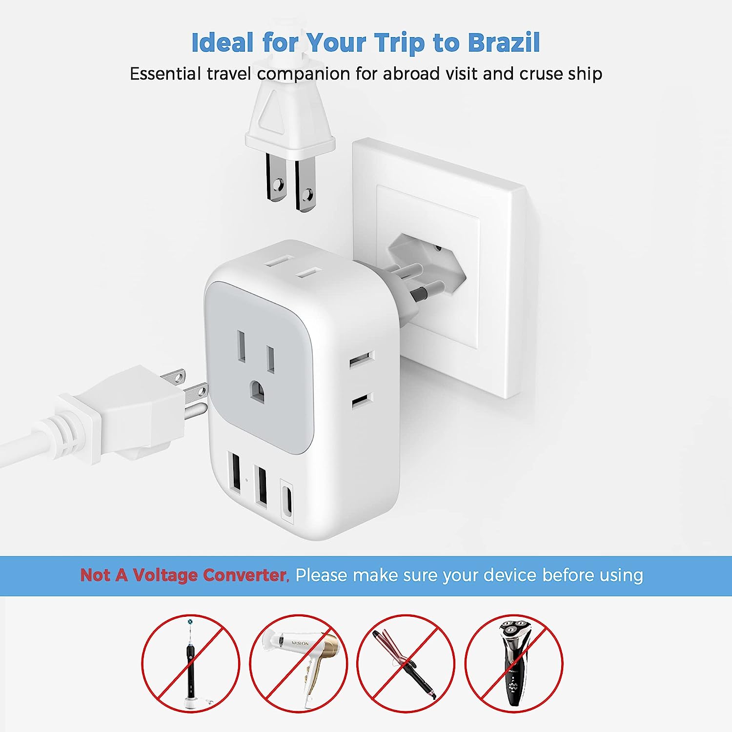TESSAN US to Brazil Travel Plug with 4 American Outlets 3 USB Charger (1 USB C Port)
