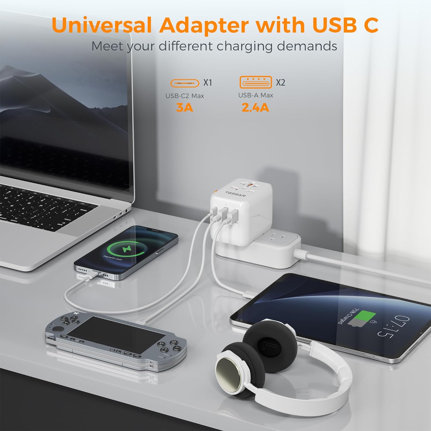 TESSAN International Plug Adaptor with 1 USB C Wall Charger 2 USB A Ports, All-in-one Worldwide Power Outlet