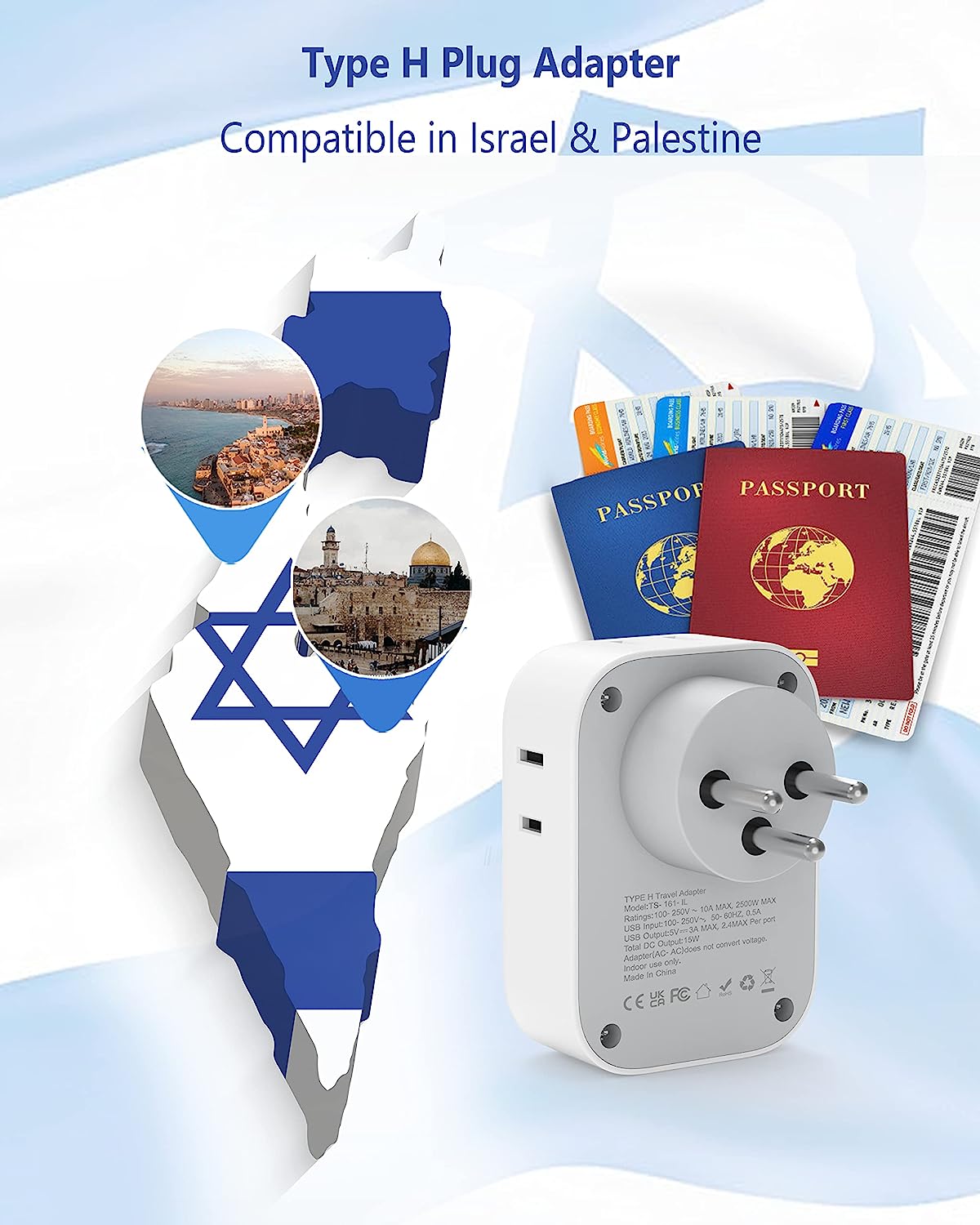 TESSAN US to Israel Travel Adaptor with 4 Outlets 3 USB Charging Ports