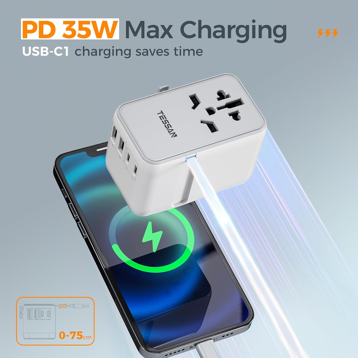 TESSAN Universal Travel Adapter with USB-C Cable