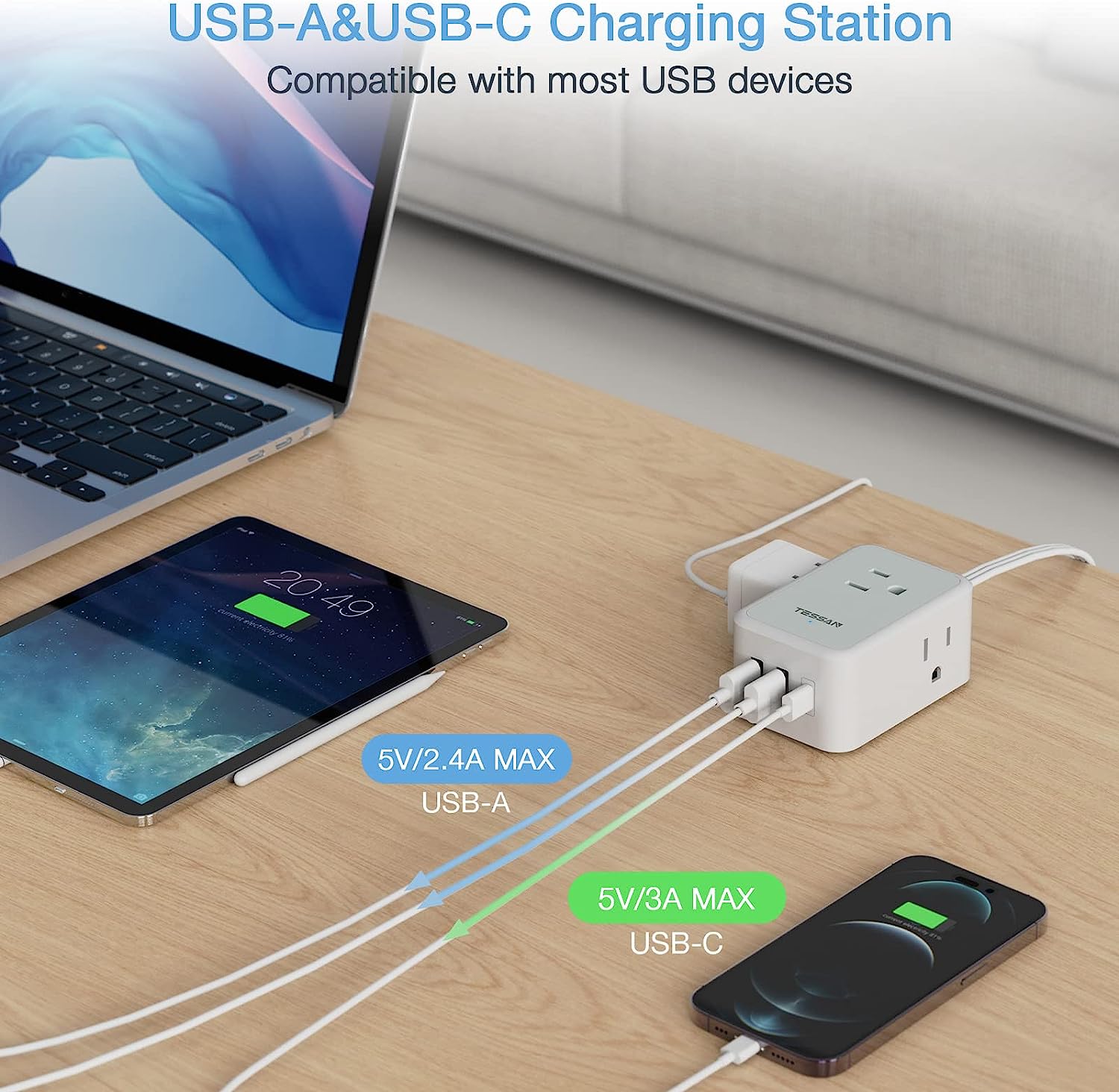 TESSAN Ultra Thin Extension Cord with 3 USB Wall Charger (1 USB C)