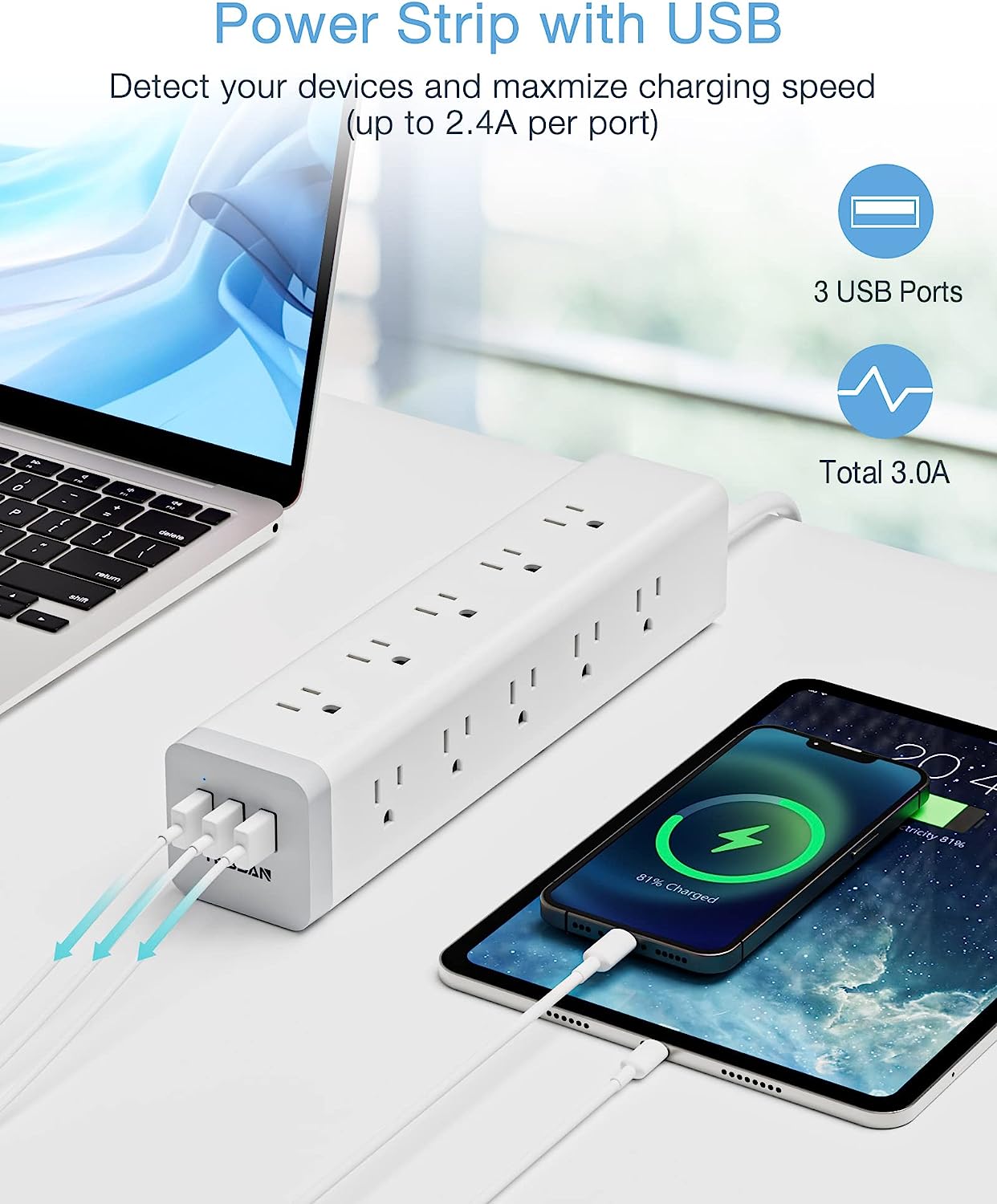 TESSAN Surge Protector Power Strip with 15 Outlets and 3 USB Ports