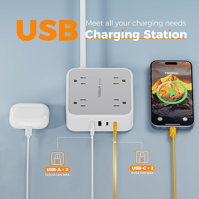 Tessan Flat Extension Cord Surge Protector Power Strip 5 FT