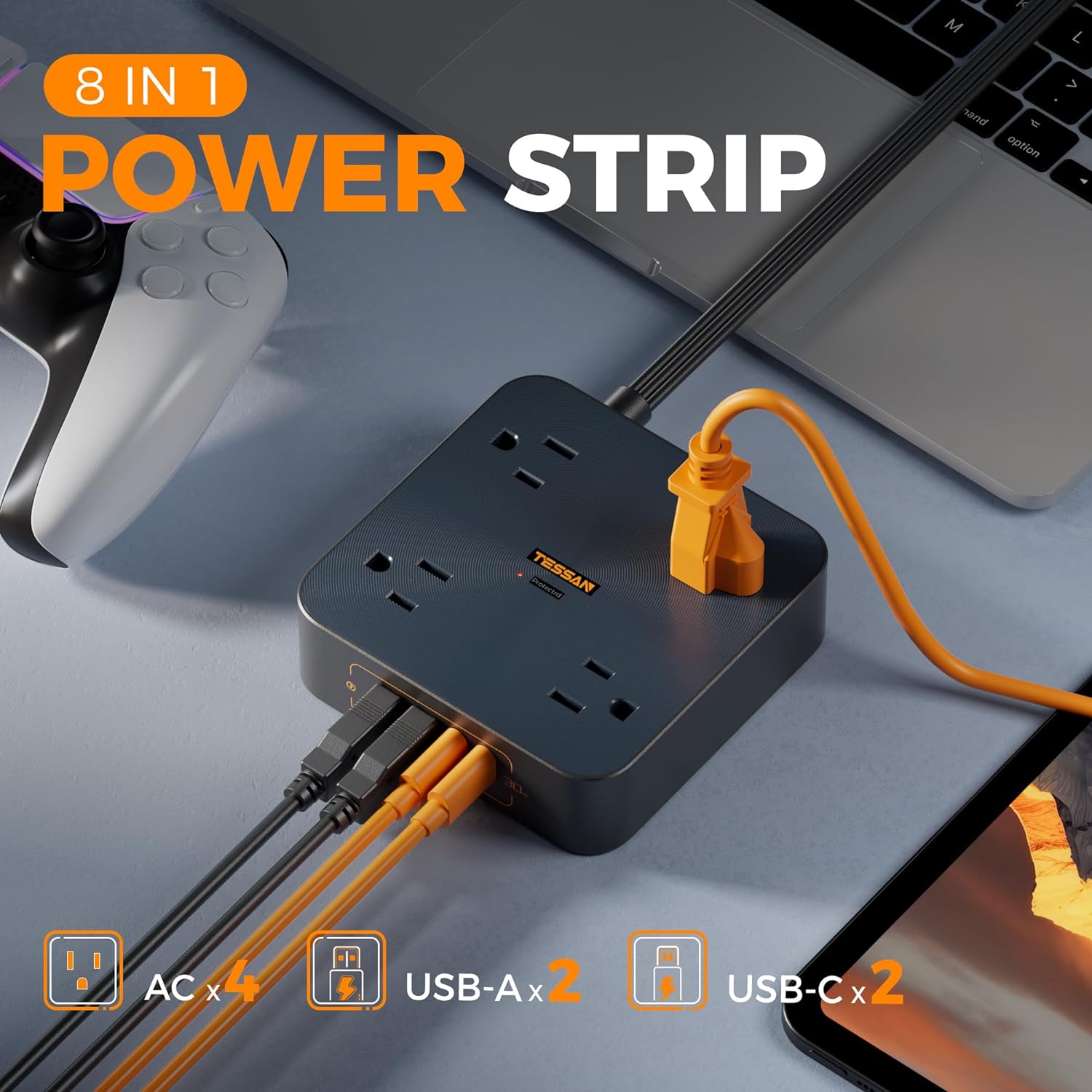 TESSAN Flat Plug Power Strip With USB Ports(2 USB A + 2 USB C), 30W Fast Charging, Surge Protection