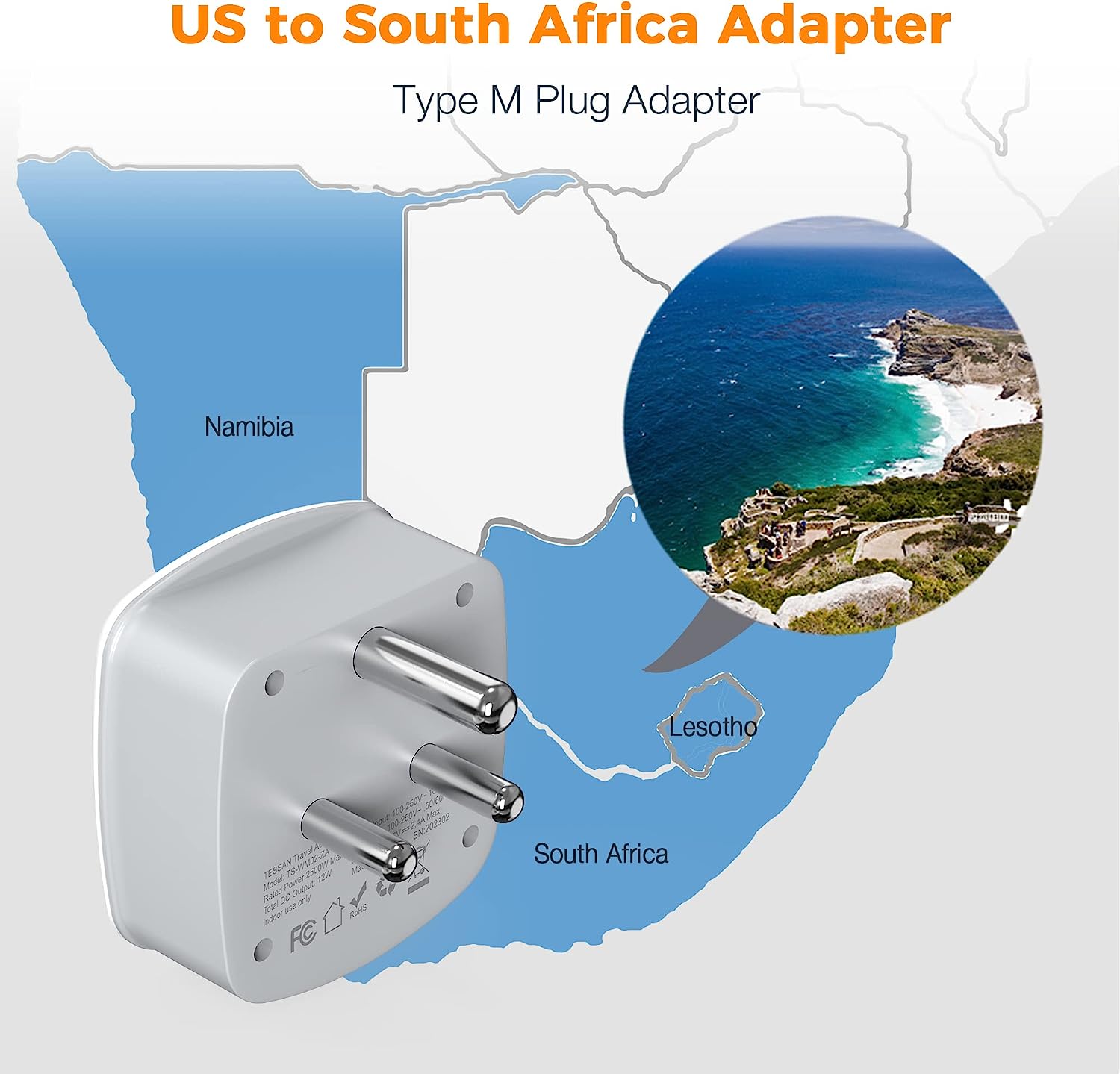 TESSAN South Africa Power Adapter with 2 USB Charger 2 AC Outlets Converter