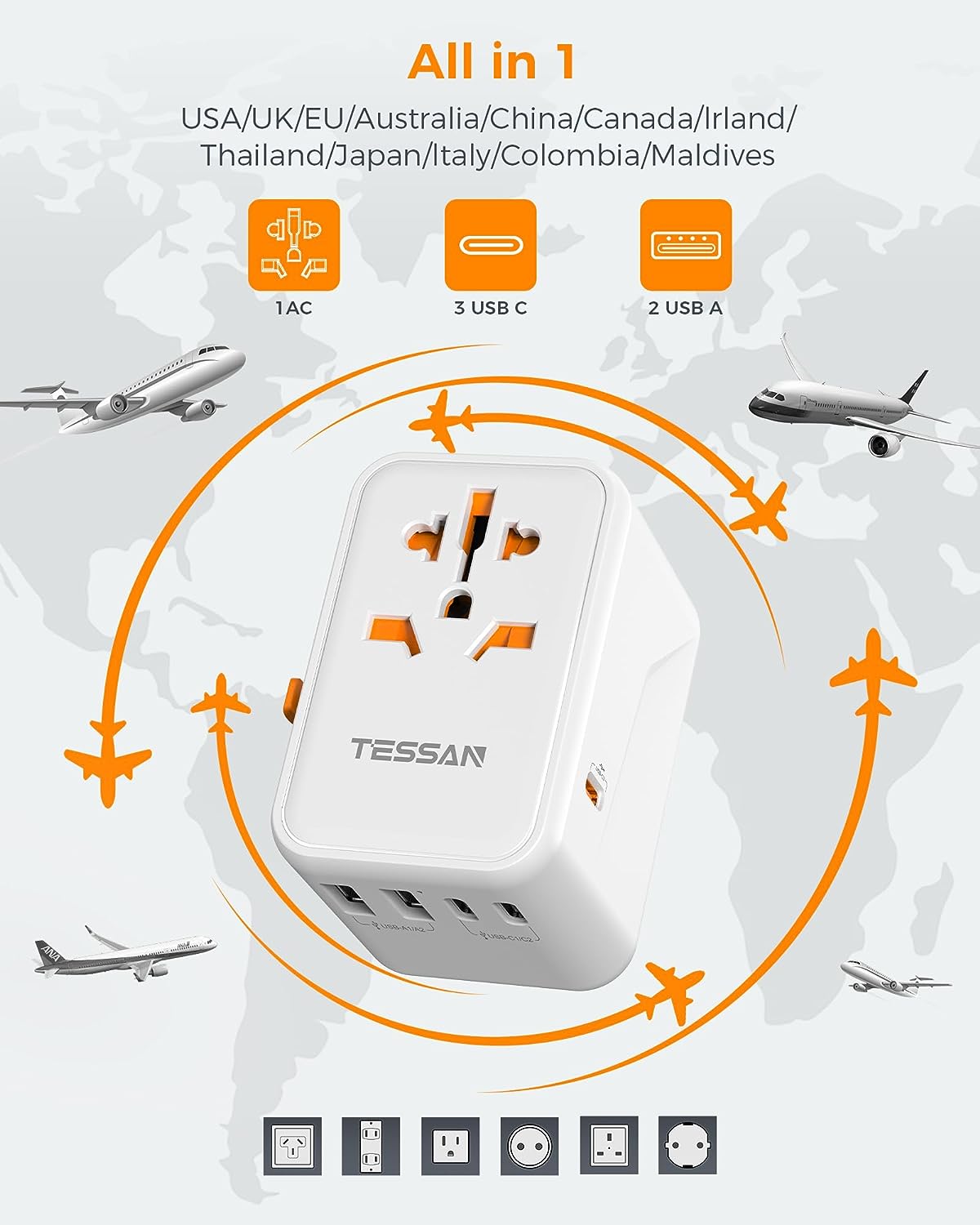 TESSAN GaN Universal Travel Adapter with USB-C - White