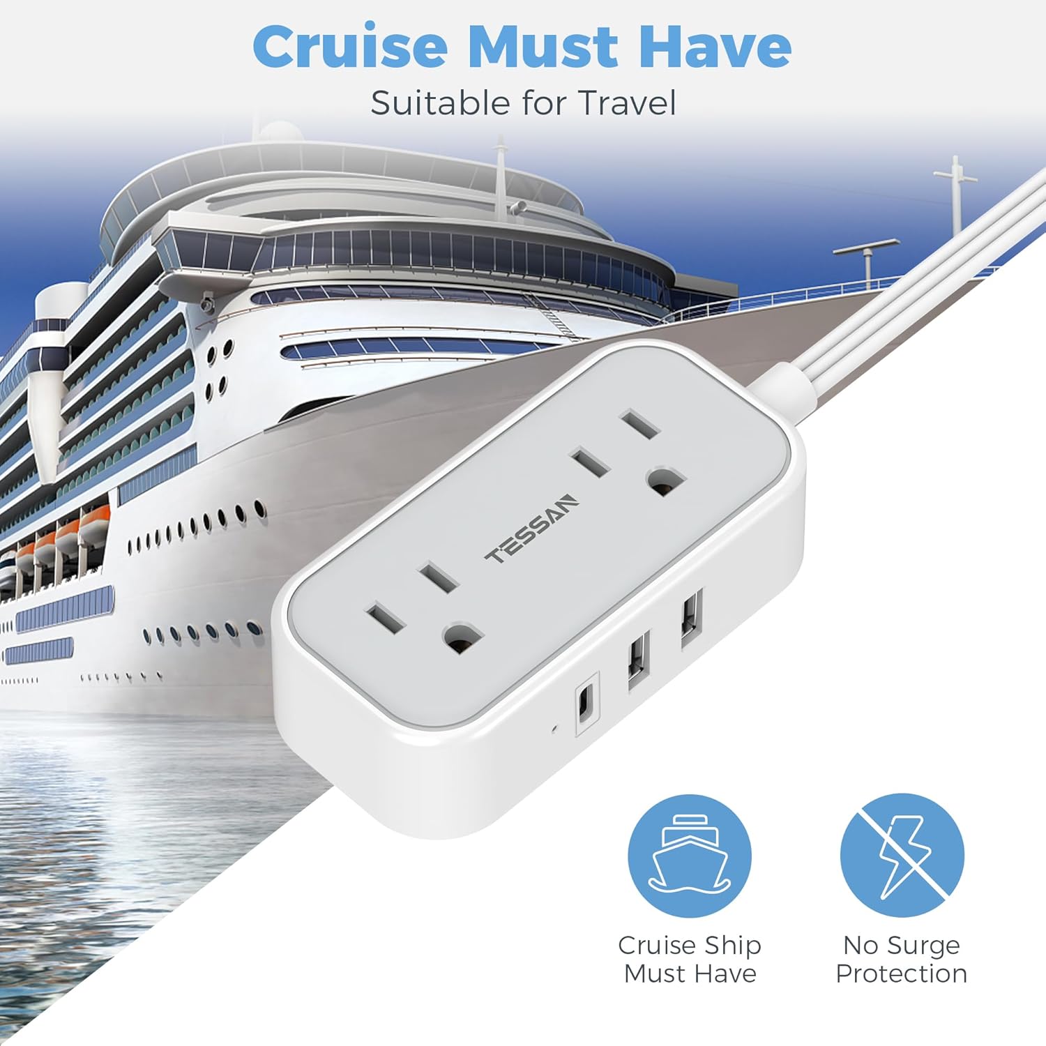 Tessan Flat Plug Power Strip 10 FT