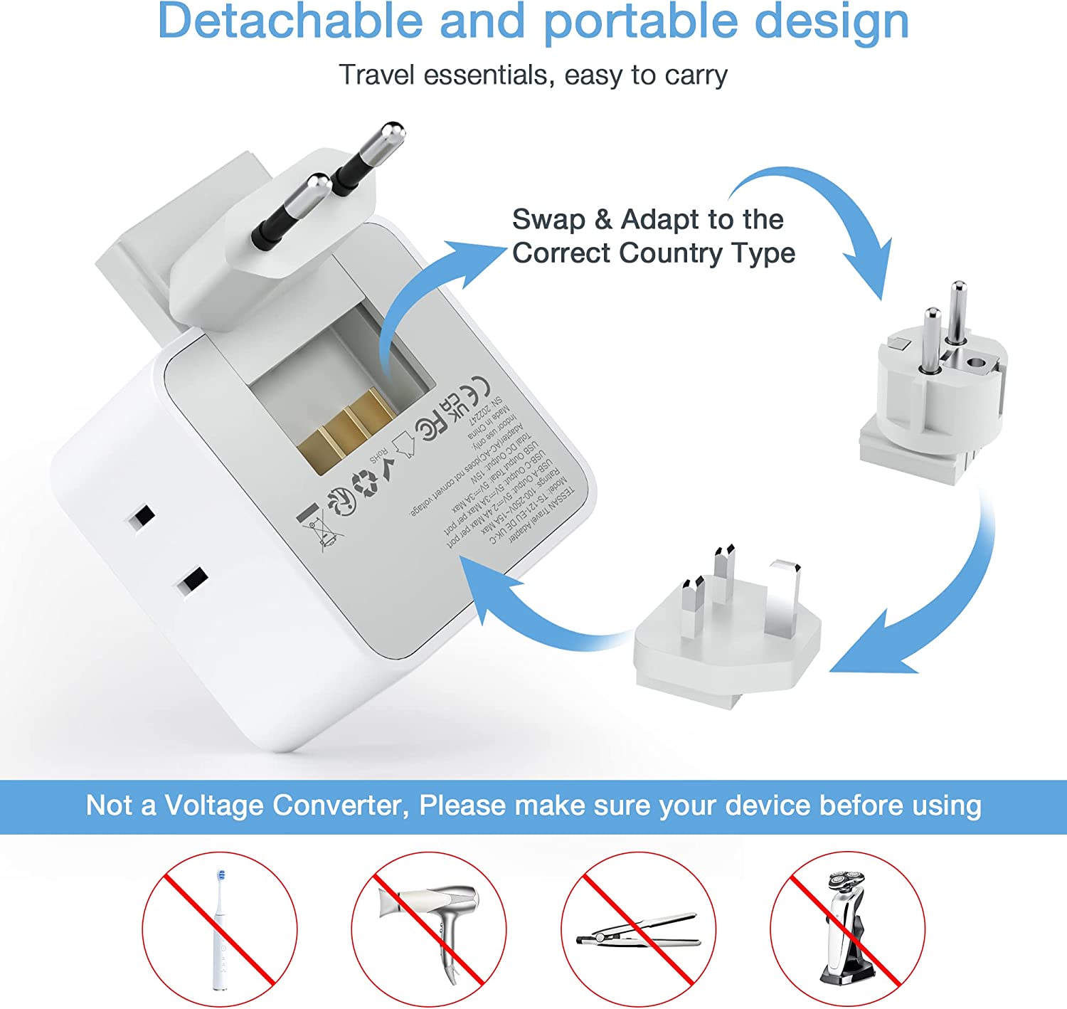 TESSAN All European UK Travel Plug Adapter Kit with 3 Outlet 3 USB Charger (1 USB C)