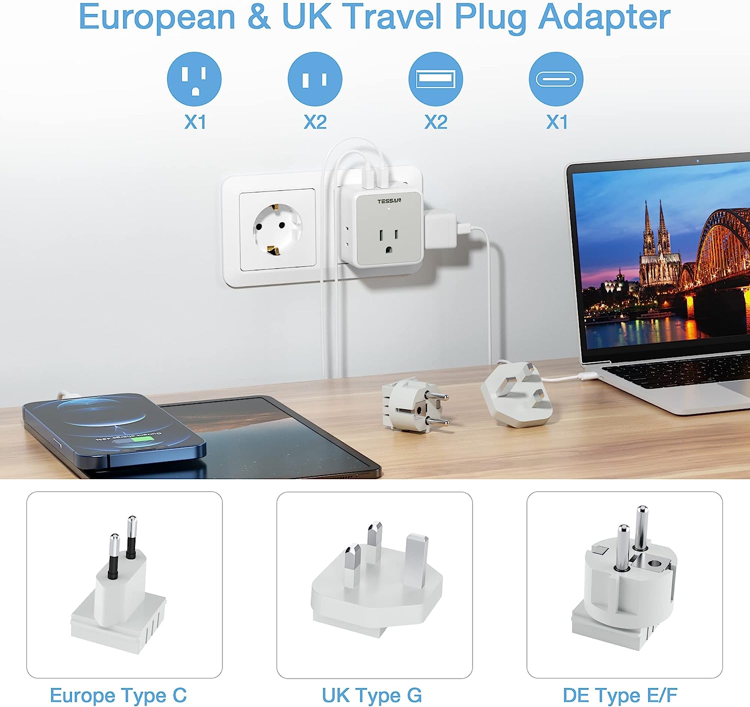 TESSAN All European UK Travel Plug Adapter Kit with 3 Outlet 3 USB Charger (1 USB C)