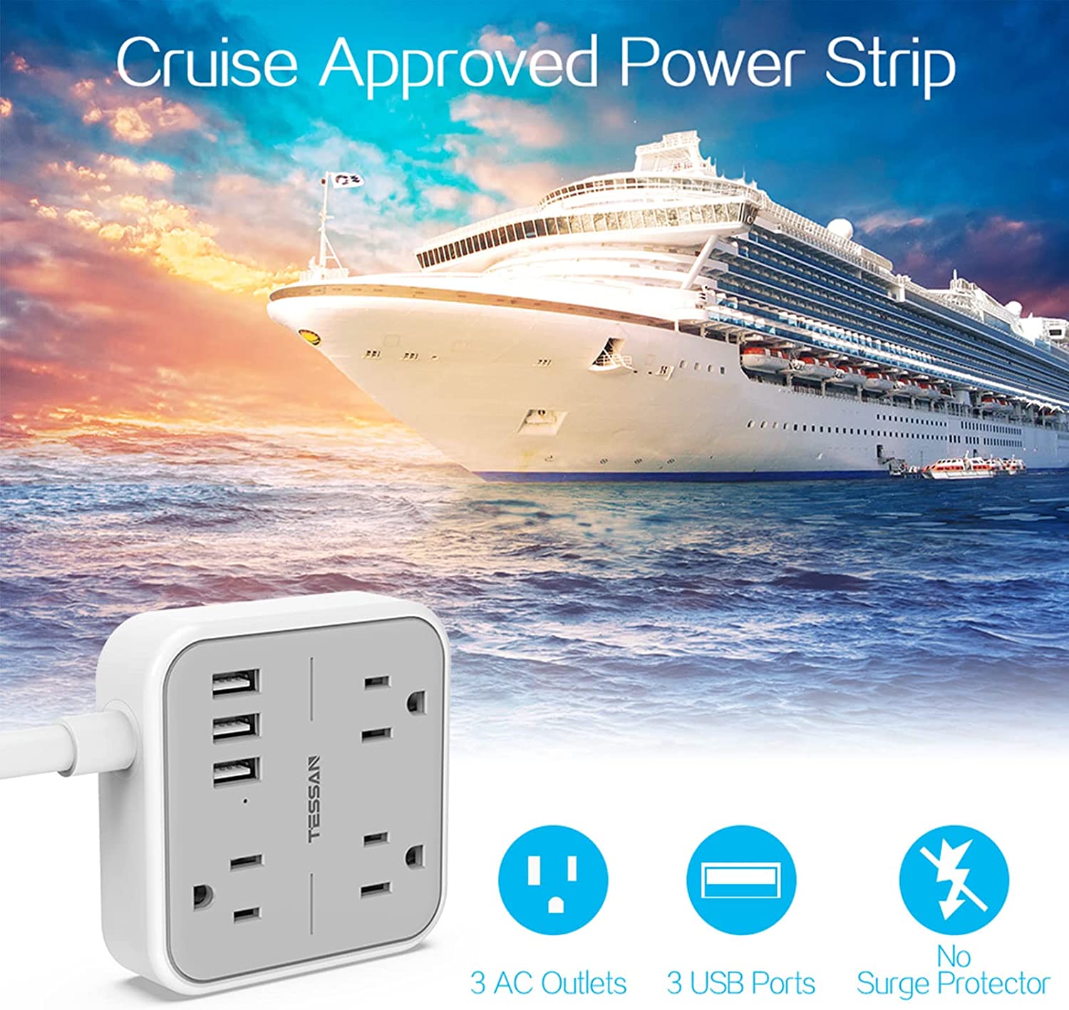 Dorm Essentials Power Strip 5 FT Extension Cord Flat Plug With 3 Outlets 3 USB Ports