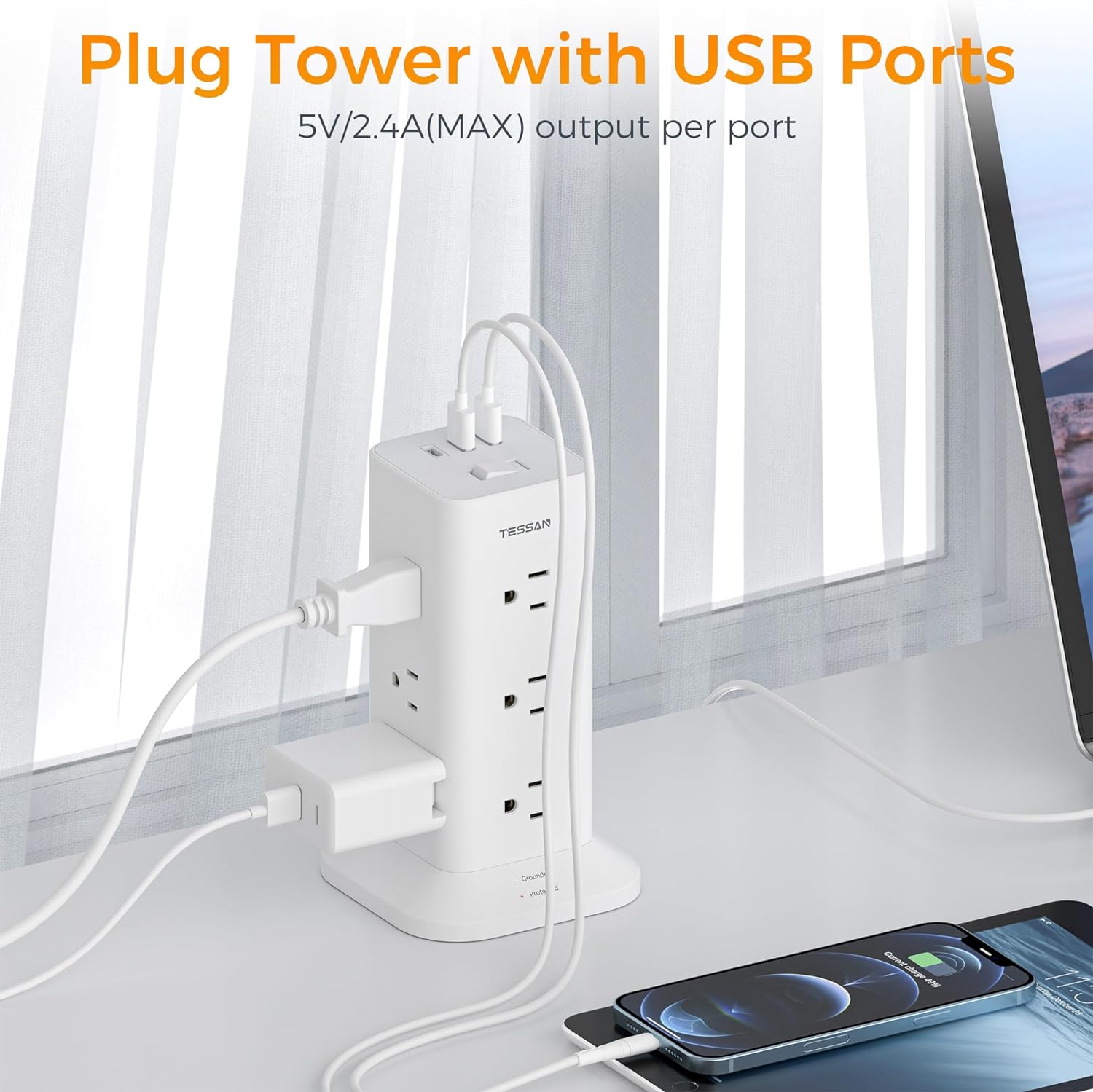 TESSAN Flat Plug Tower Strip With USB Ports (12 AC + 2 USB A + 1 USB C), Extended Flat Cord, Surge Protection