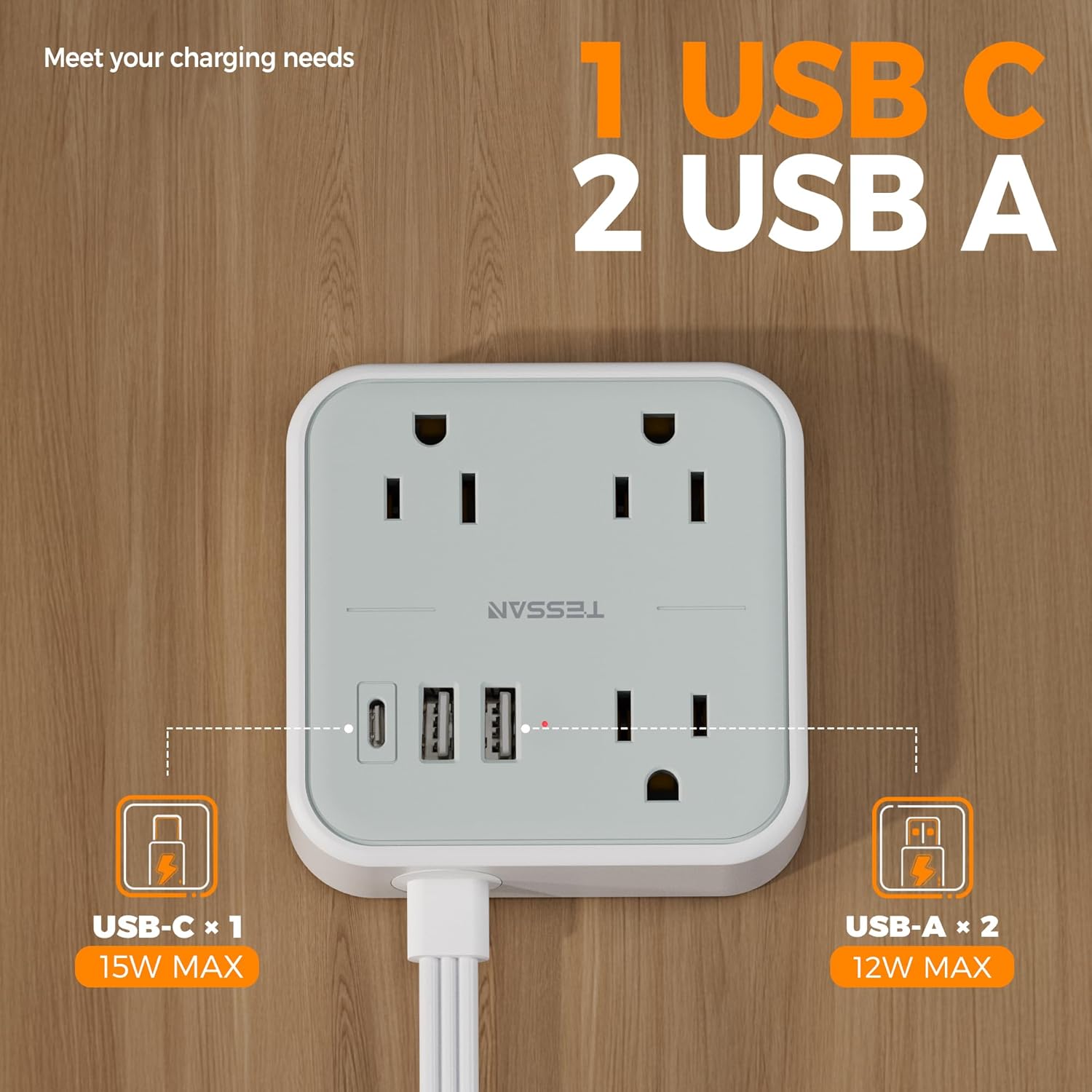 (新)Tessan 15W Flat Plug Surge Protector Power Strip 103