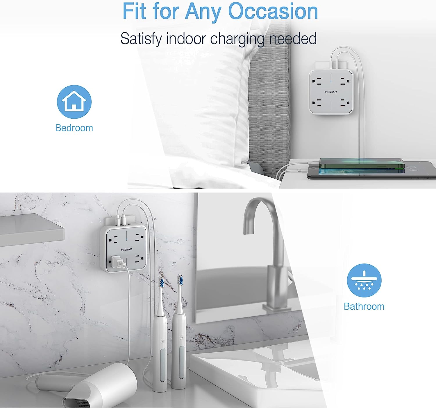 TESSAN Multi Plug USB Wall Charger with 4AC & 3 USB (1 USB C Port)