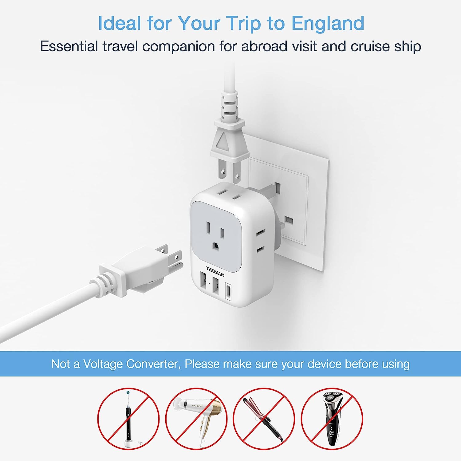 US to UK Plug Adapter 2 Pack, TESSAN Type G Adapter with 4 Outlets 3 USB Charger(1 USB C Port)
