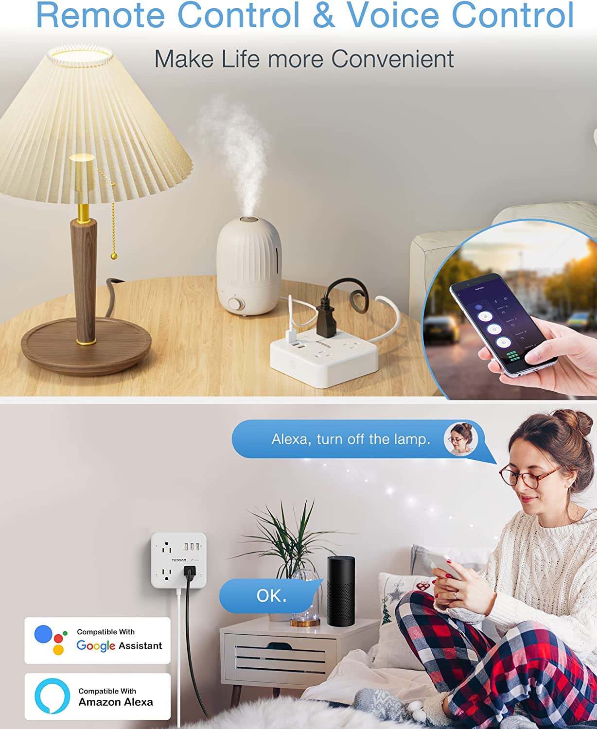 TESSAN WiFi Extension Cord with 3 Individually Remote Controlled Outlets 3 USB Ports