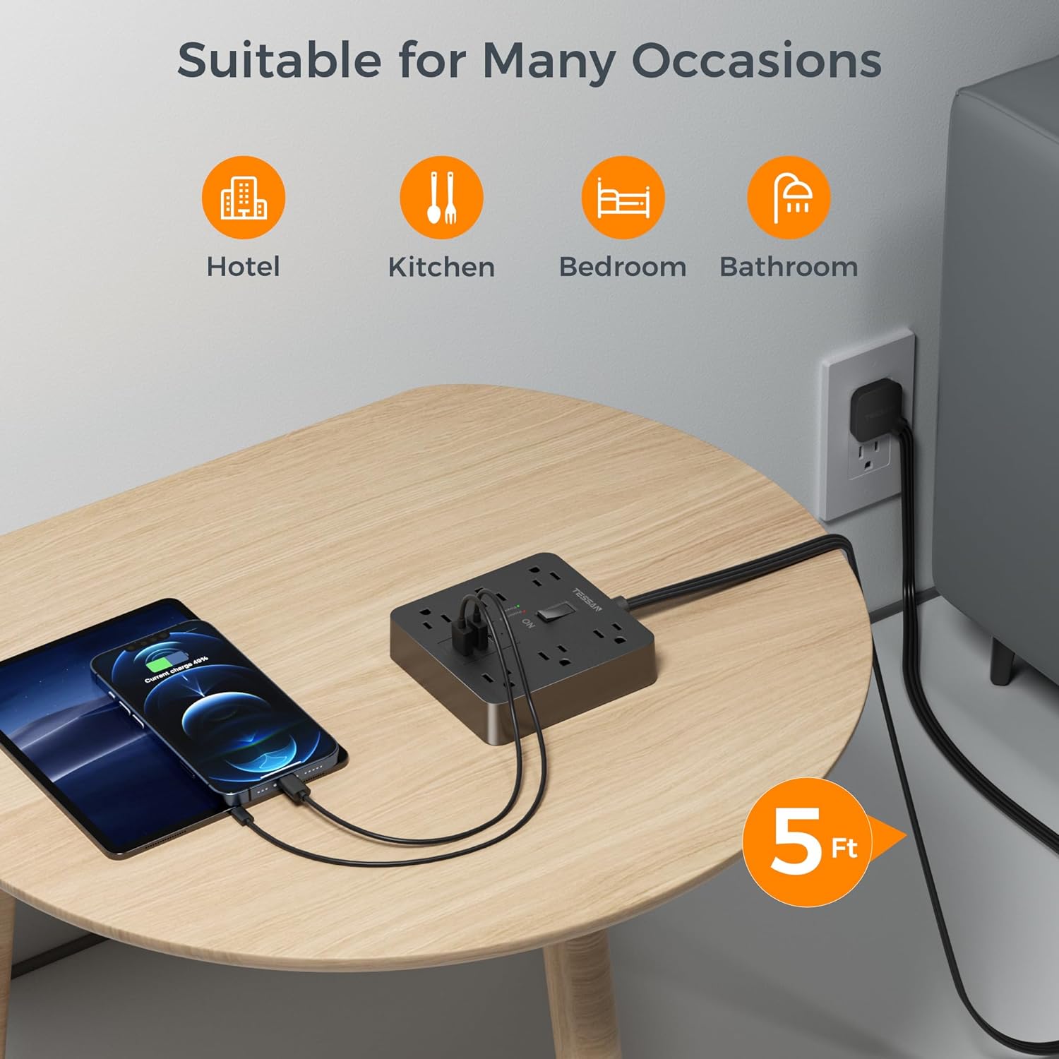 Tessan Flat Plug Surge Protector Power Strip TPM