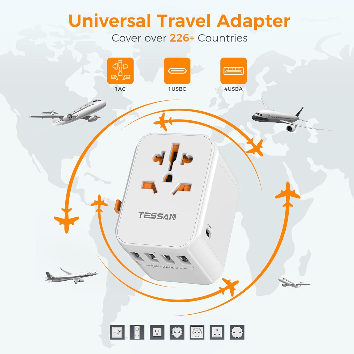 TESSAN International Plug Adaptor with 1 USB C and 4 USB A Ports, Universal Travel Plug Adapter 30W