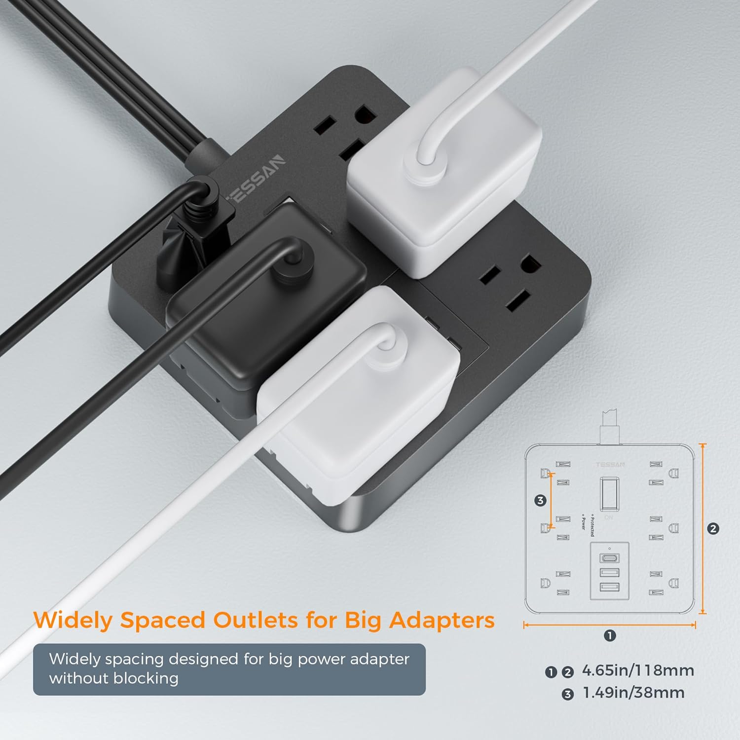 Tessan Flat Plug Surge Protector Power Strip TPM