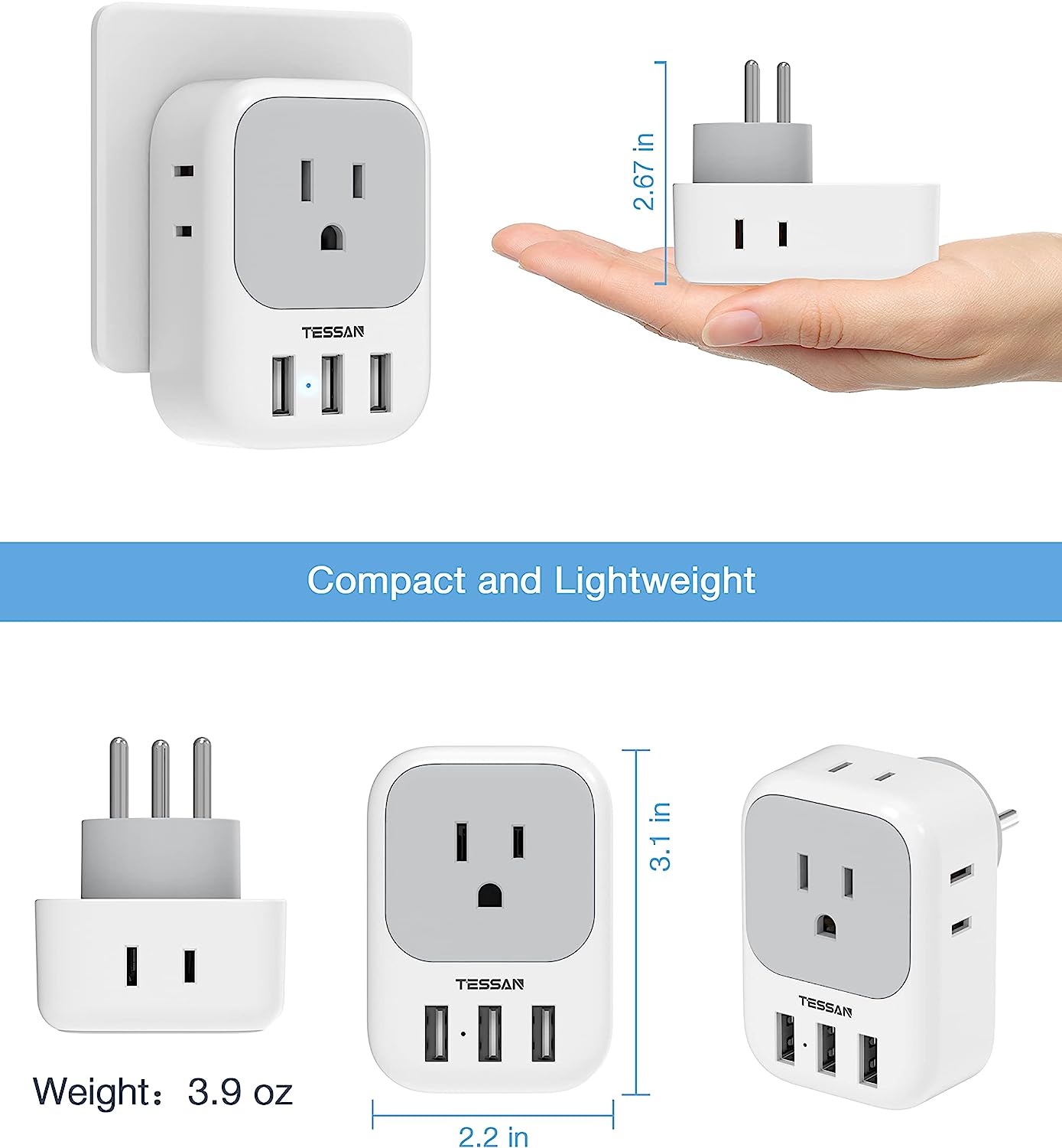 TESSAN US to Israel Travel Adaptor with 4 Outlets 3 USB Charging Ports