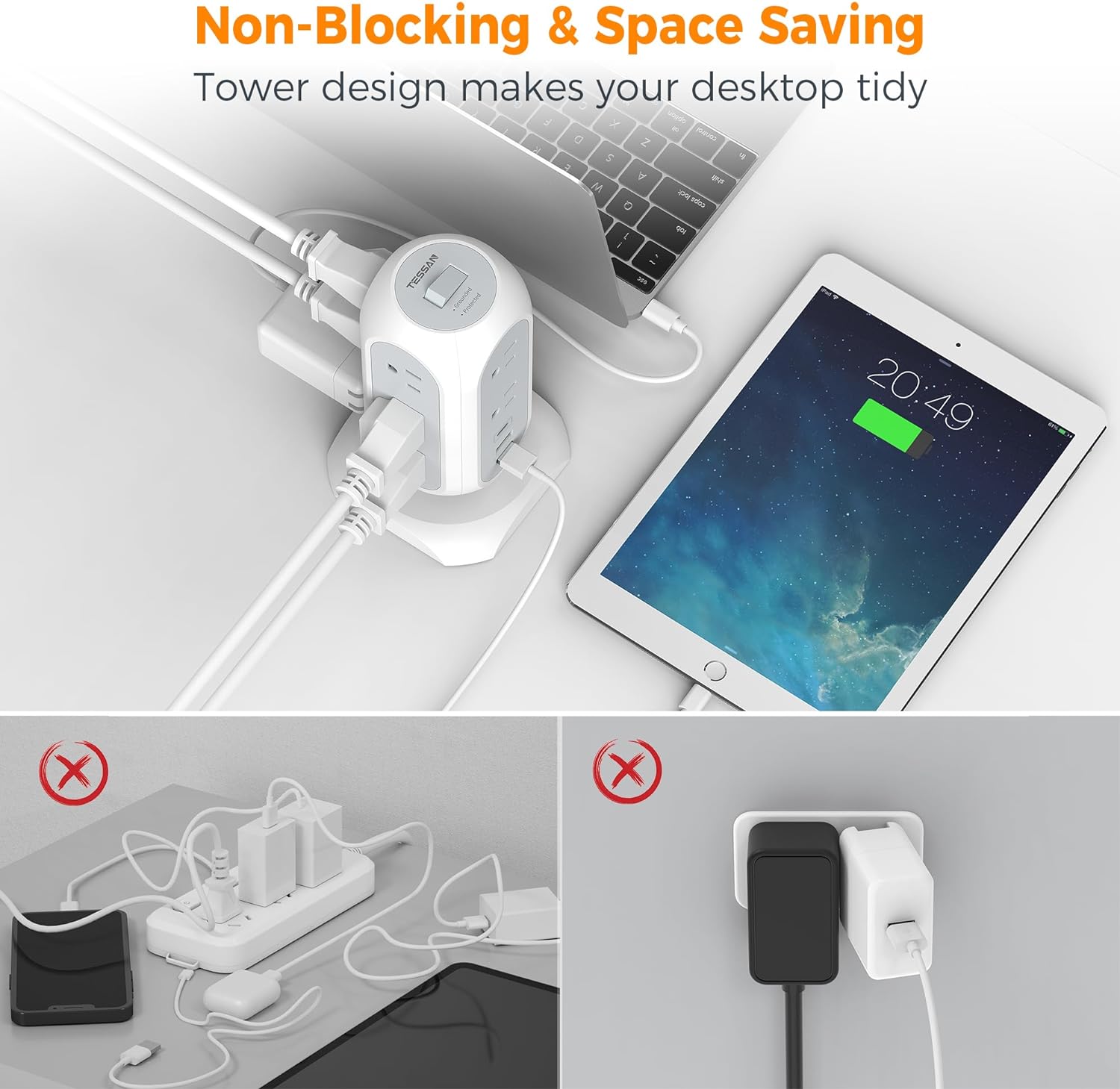 TESSAN Tower Power Strip Flat Plug 6FT with 11 Outlets 3 USB (1 USB C)