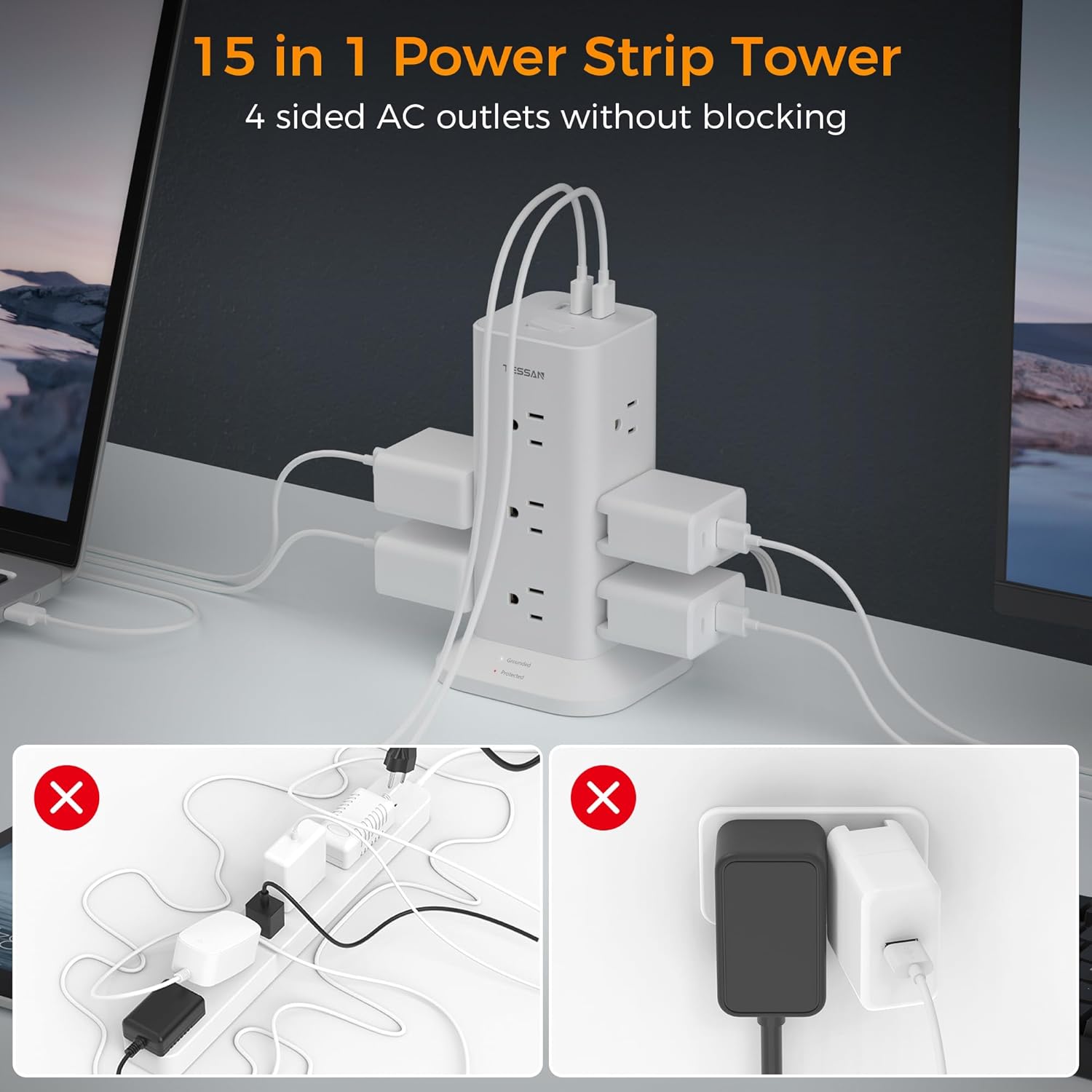 TESSAN Flat Plug Tower Strip With USB Ports (12 AC + 2 USB A + 1 USB C), Extended Flat Cord, Surge Protection