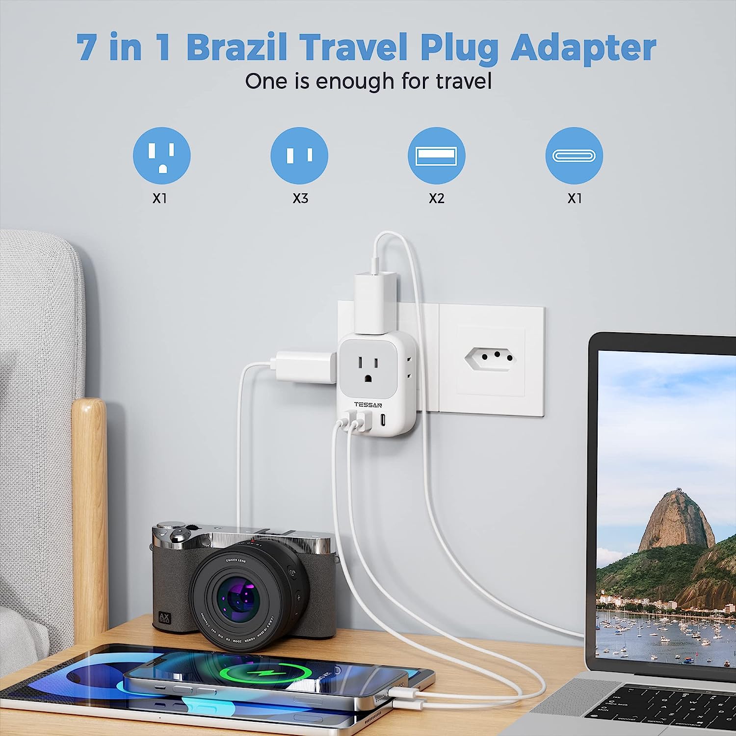 TESSAN US to Brazil Travel Plug with 4 American Outlets 3 USB Charger (1 USB C Port)