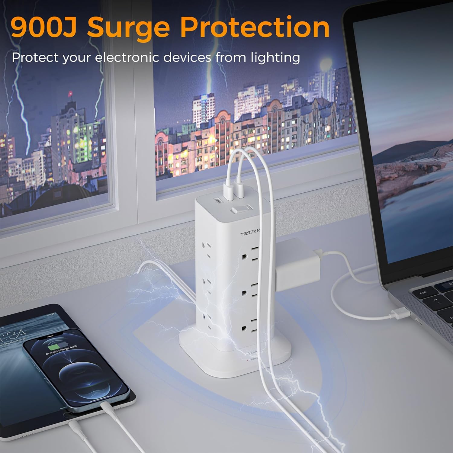 TESSAN Flat Plug Tower Strip With USB Ports (12 AC + 2 USB A + 1 USB C), Extended Flat Cord, Surge Protection
