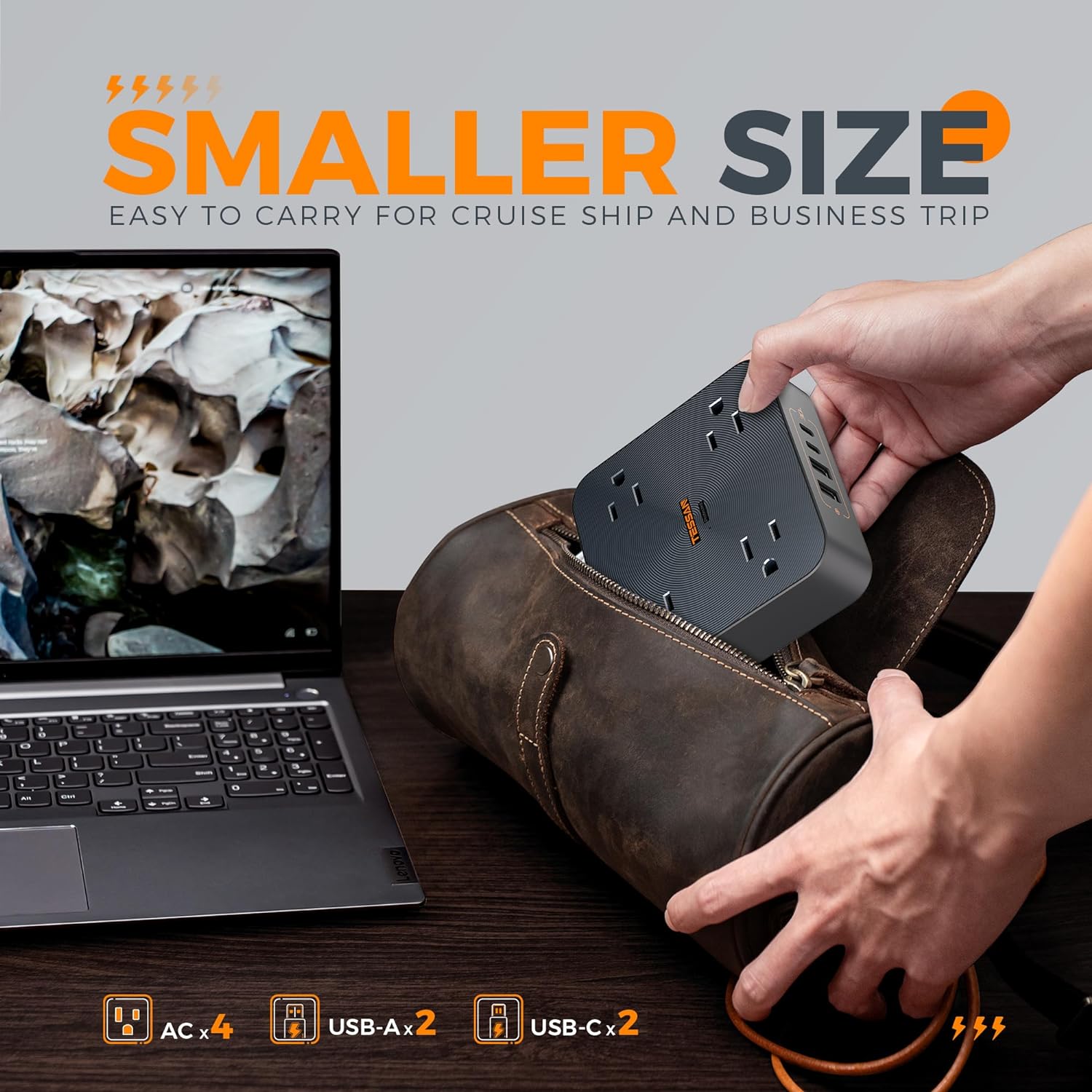 TESSAN Flat Plug Power Strip With USB Ports(2 USB A + 2 USB C), 30W Fast Charging, Surge Protection