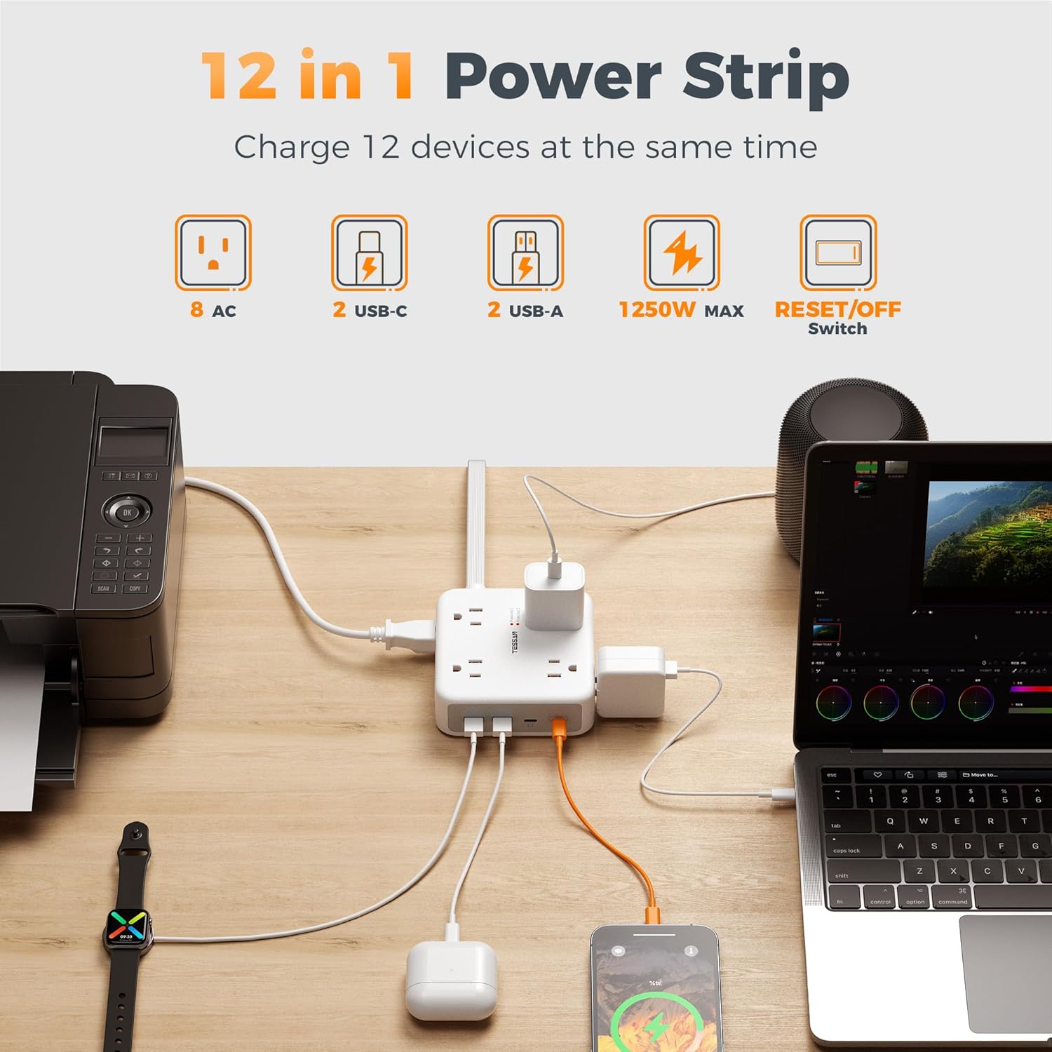 TESSAN 15 Ft Surge Protector Power Strip PS07