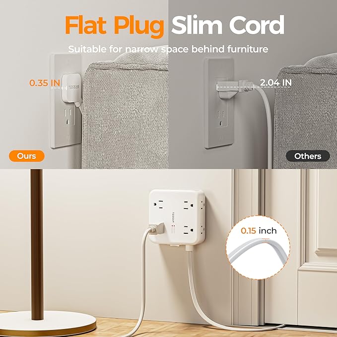 Tessan Flat Extension Cord Surge Protector Power Strip
