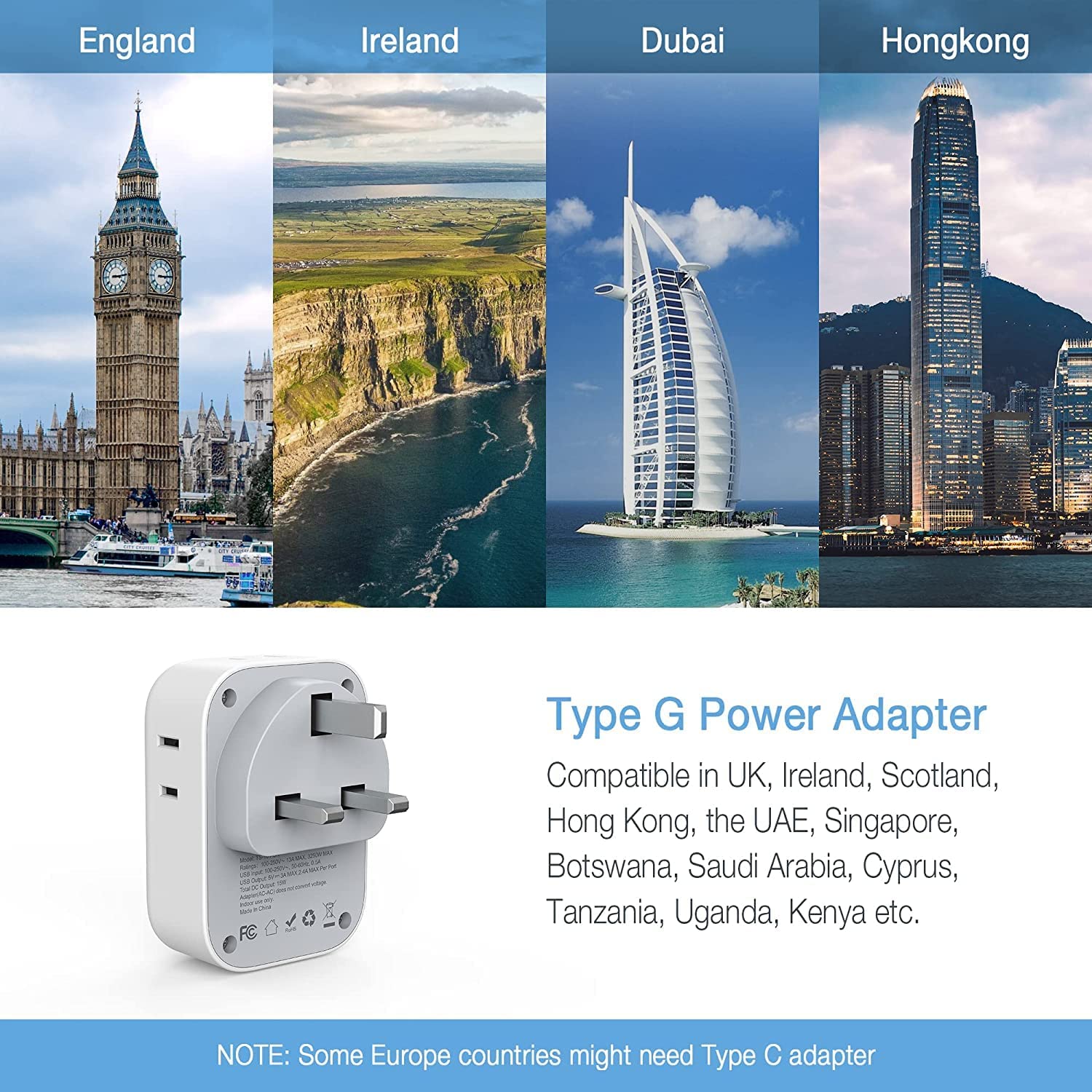 US to UK Plug Adapter 2 Pack, TESSAN Type G Adapter with 4 Outlets 3 USB Charger(1 USB C Port)
