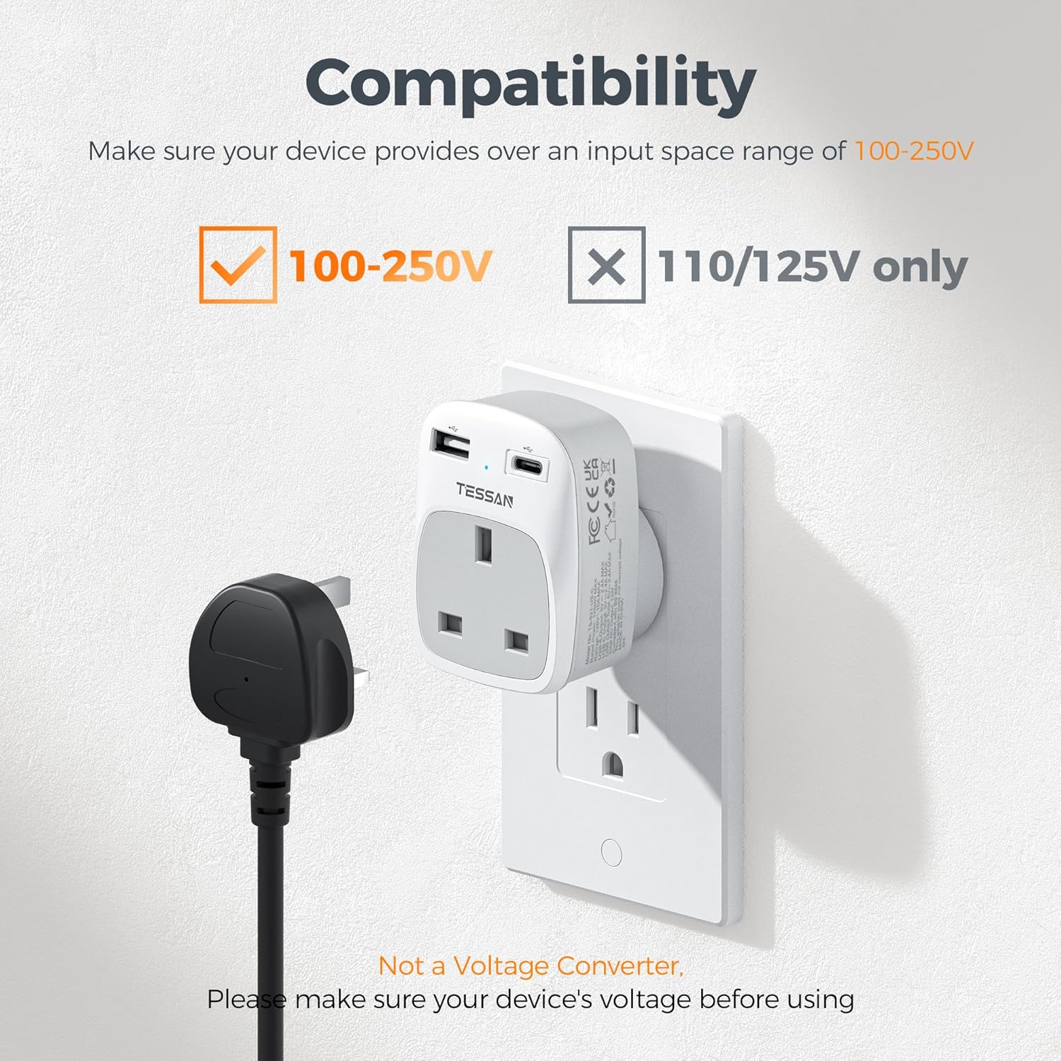 TESSAN UK to US Plug Adapter with AC Outlet 2 USB Ports