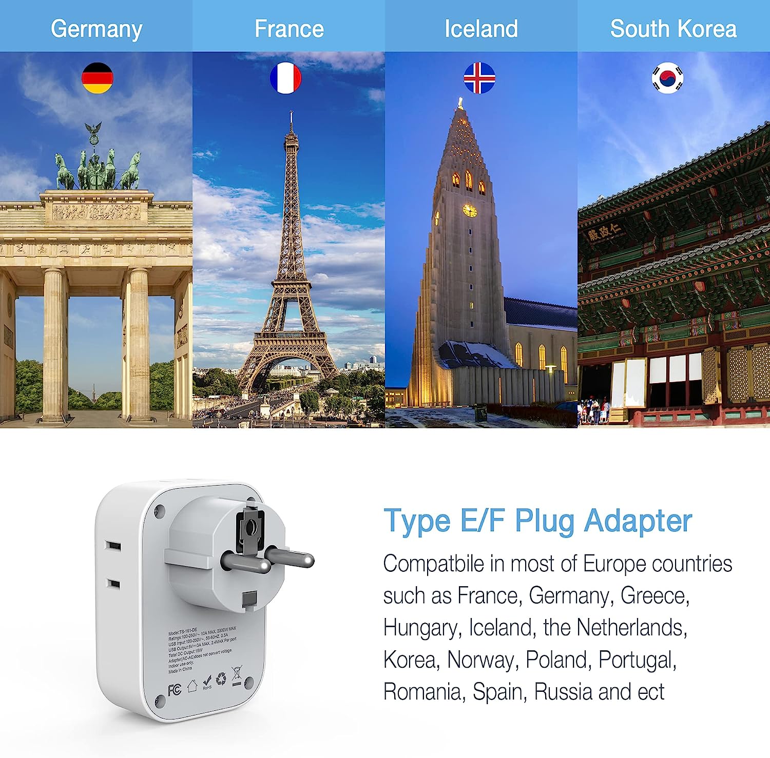 TESSAN Travel Adaptor for US to Europe EU with 4 AC Outlets 3 USB Ports, 2 Pack