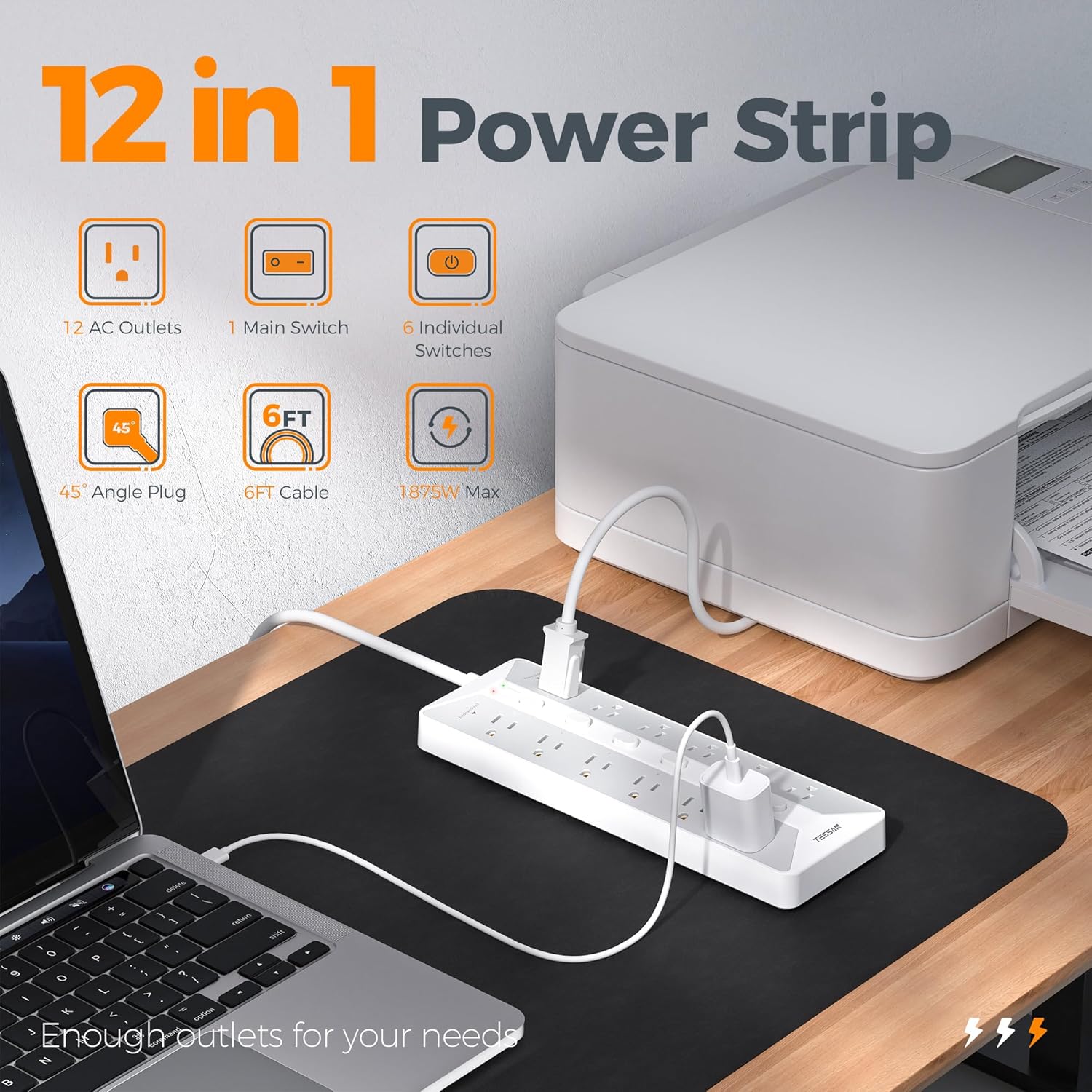 TESSAN 12 Outlets Surge Protector Power Strip 6FT