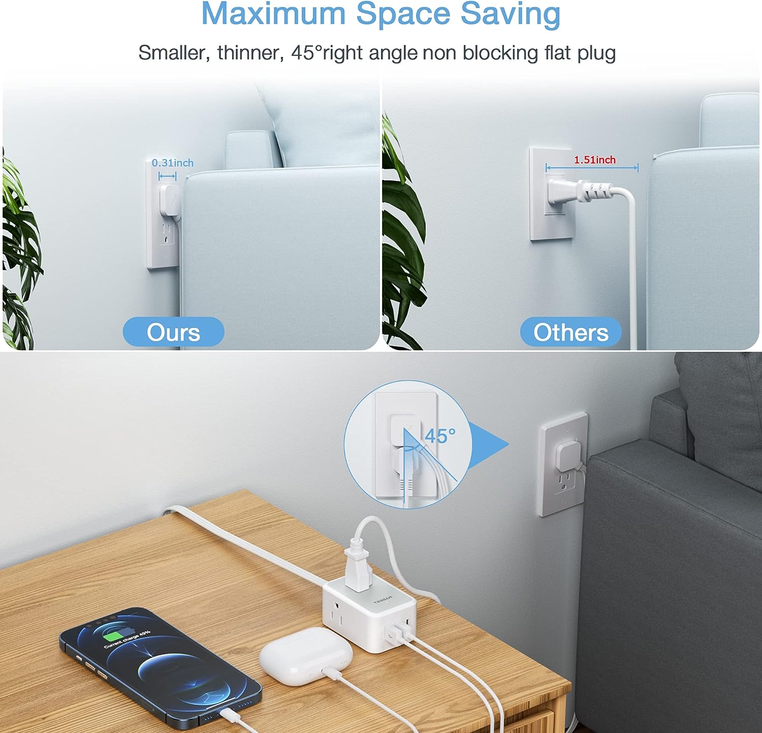 TESSAN Ultra Thin Extension Cord with 3 USB Wall Charger (1 USB C)