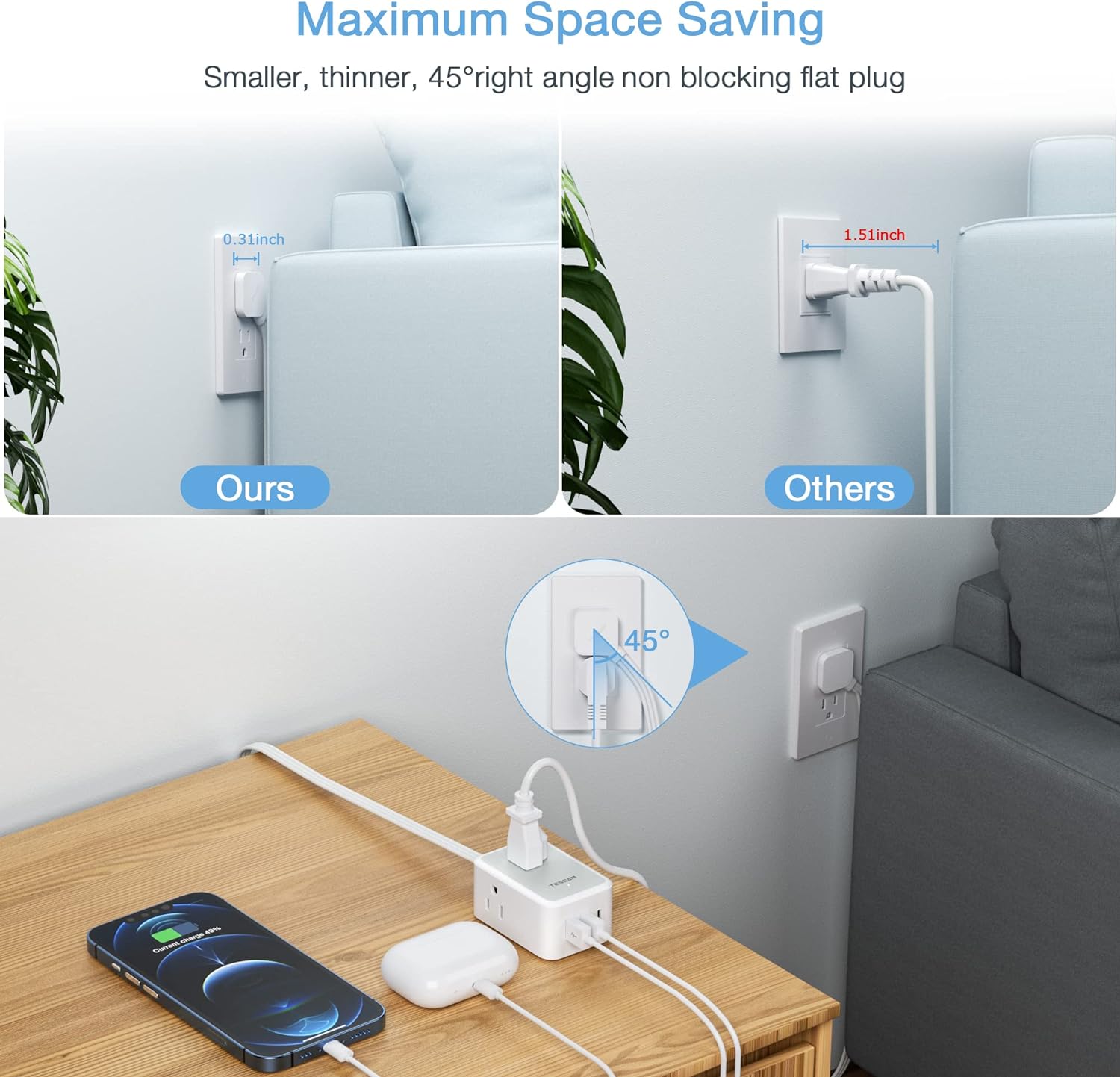 TESSAN Small Flat Plug Power Strip with 3 USB Charger (1 USB C), Ultra Thin Flat Extension Cord 10 FT