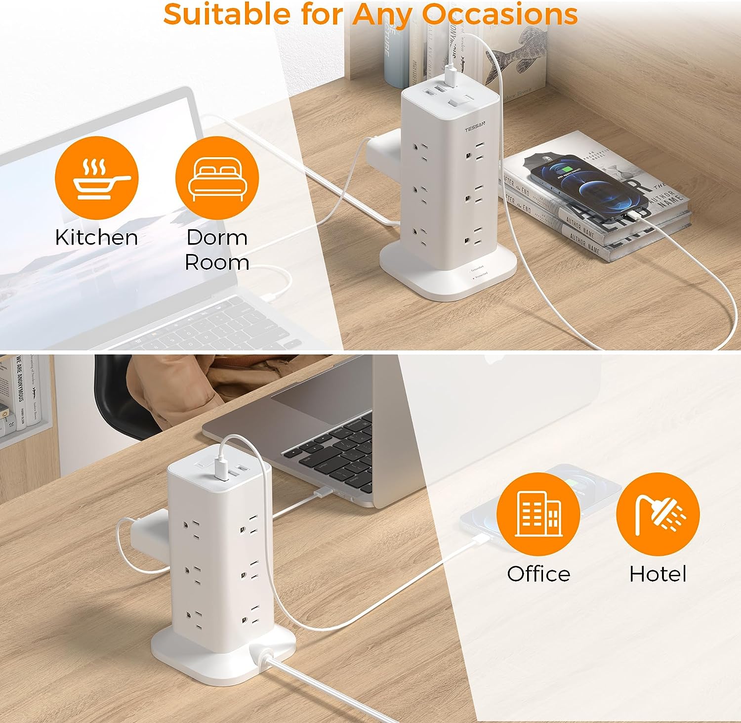 TESSAN Flat Plug Tower Strip With USB Ports (12 AC + 2 USB A + 1 USB C), Extended Flat Cord, Surge Protection