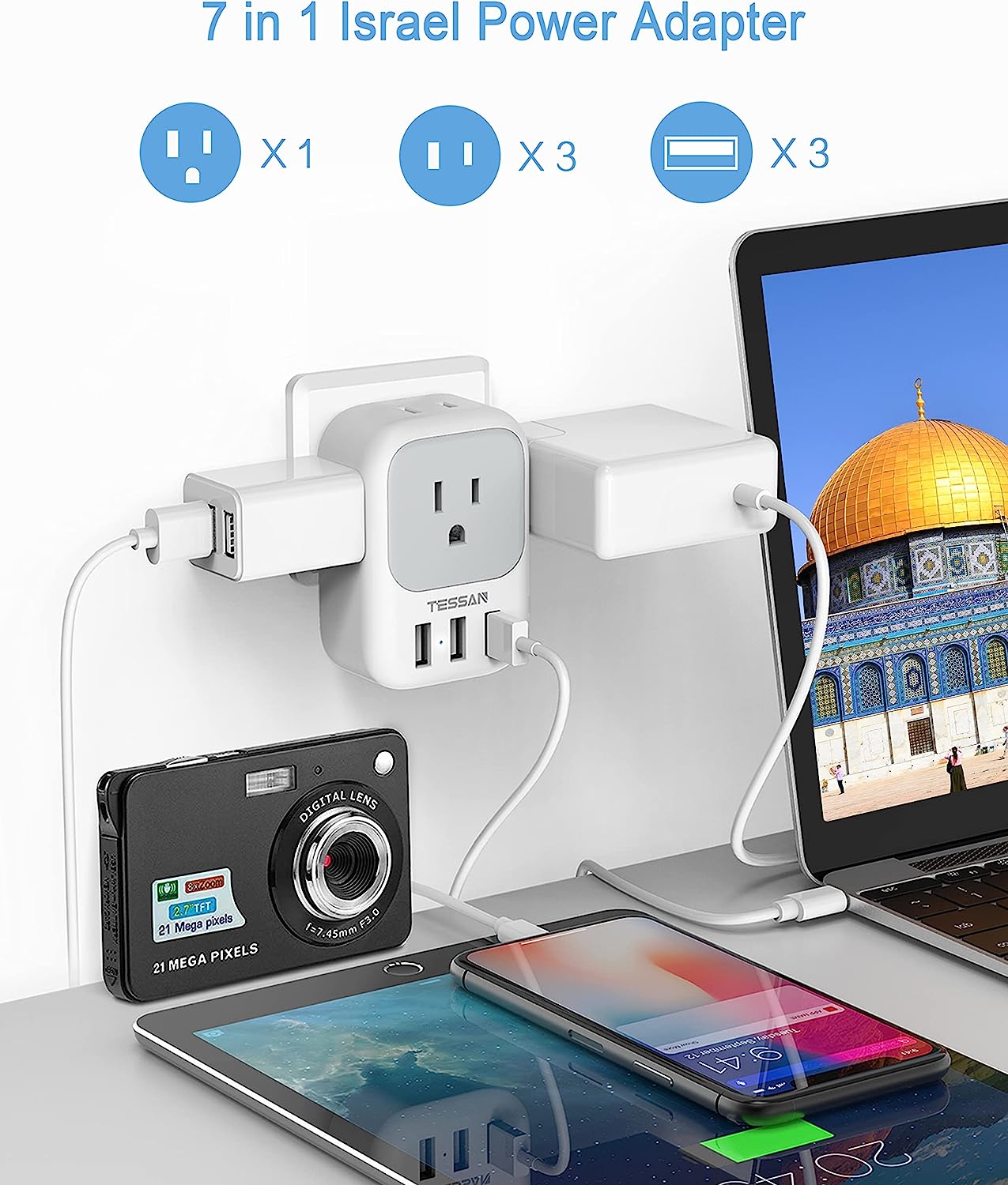 TESSAN US to Israel Travel Adaptor with 4 Outlets 3 USB Charging Ports