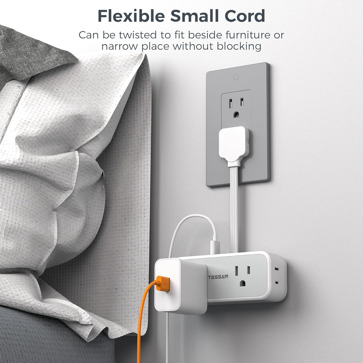 TESSAN Flat Plug Power Strip Extension Cord 6 inch