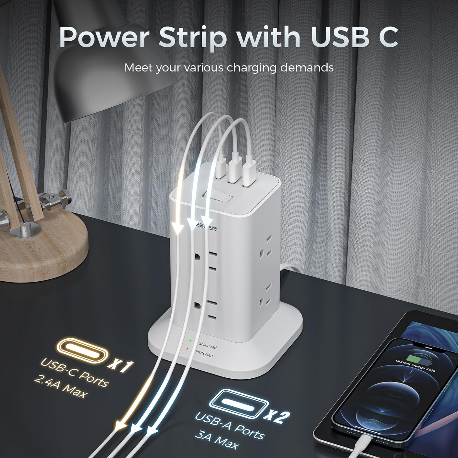 TESSAN Space-Saving Tower Strip With USB Ports, Surge Protection, Convenient ON/OFF Switch