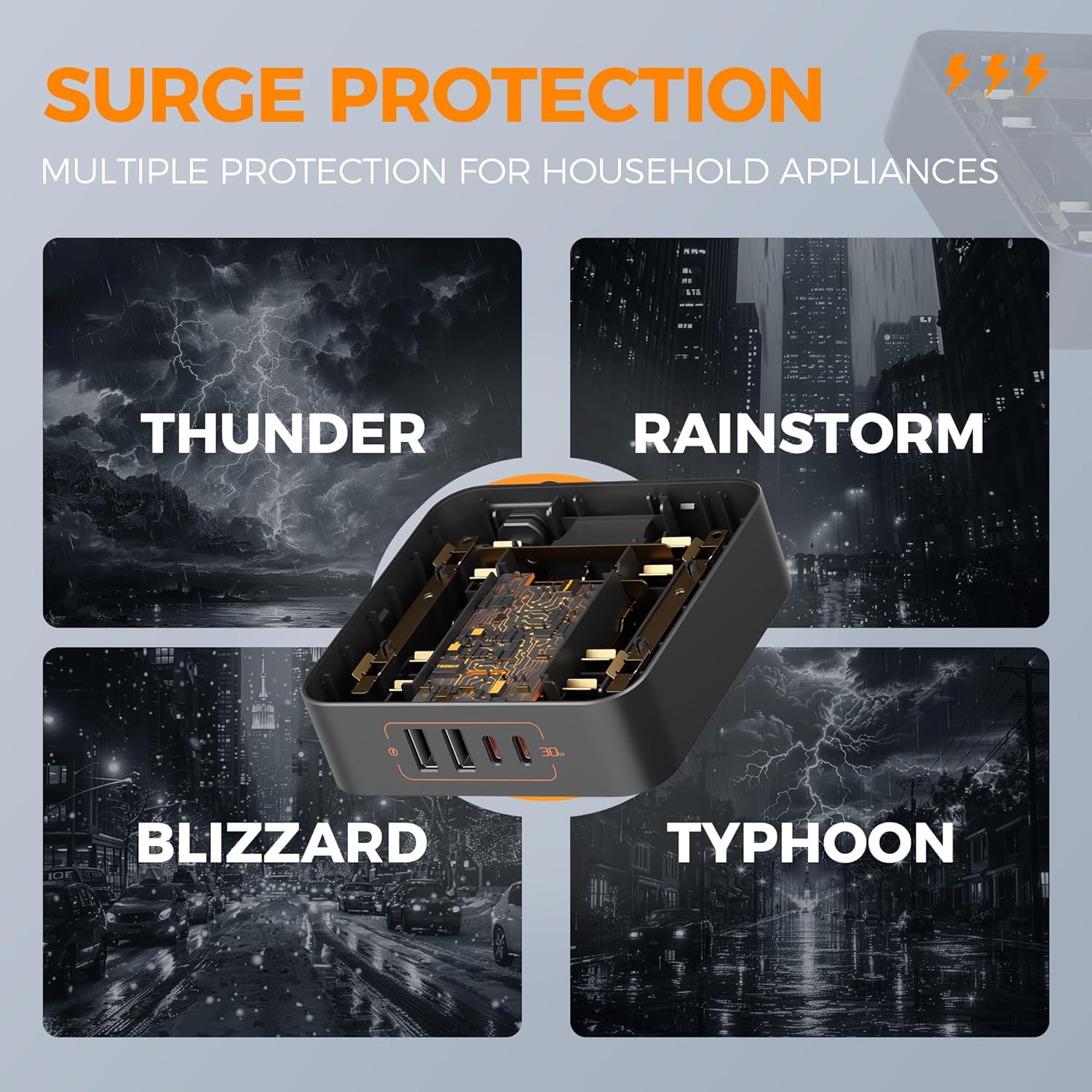 TESSAN Flat Plug Power Strip With USB Ports(2 USB A + 2 USB C), 30W Fast Charging, Surge Protection