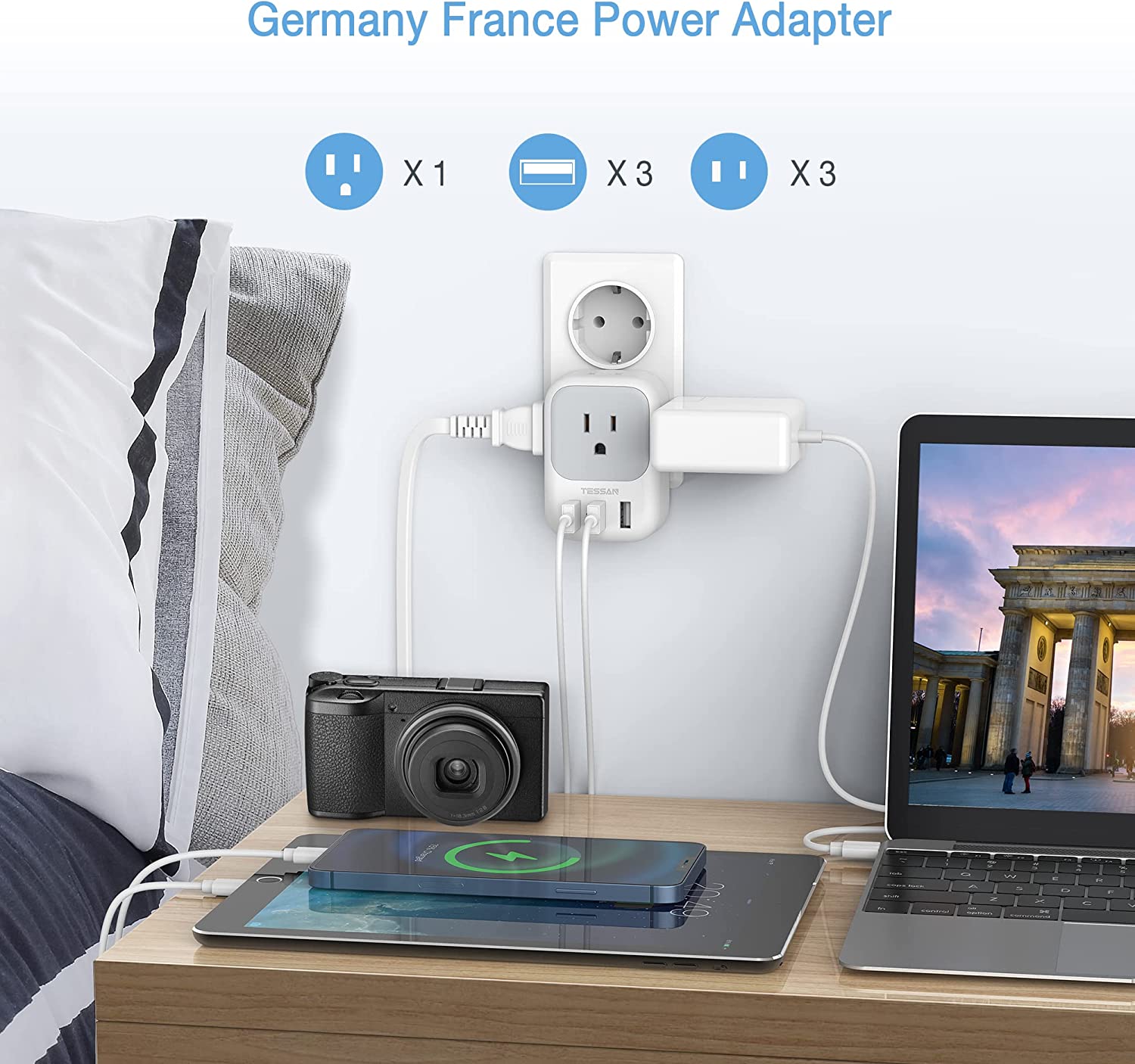 TESSAN Travel Adaptor for US to Europe EU with 4 AC Outlets 3 USB Ports, 2 Pack