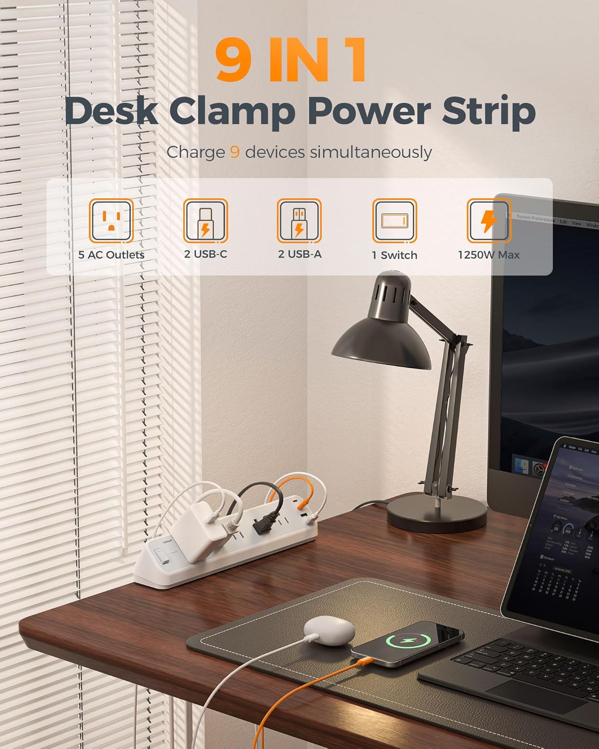 TESSAN Desk Clamp 2100J Surge Protector Power Strip PS06